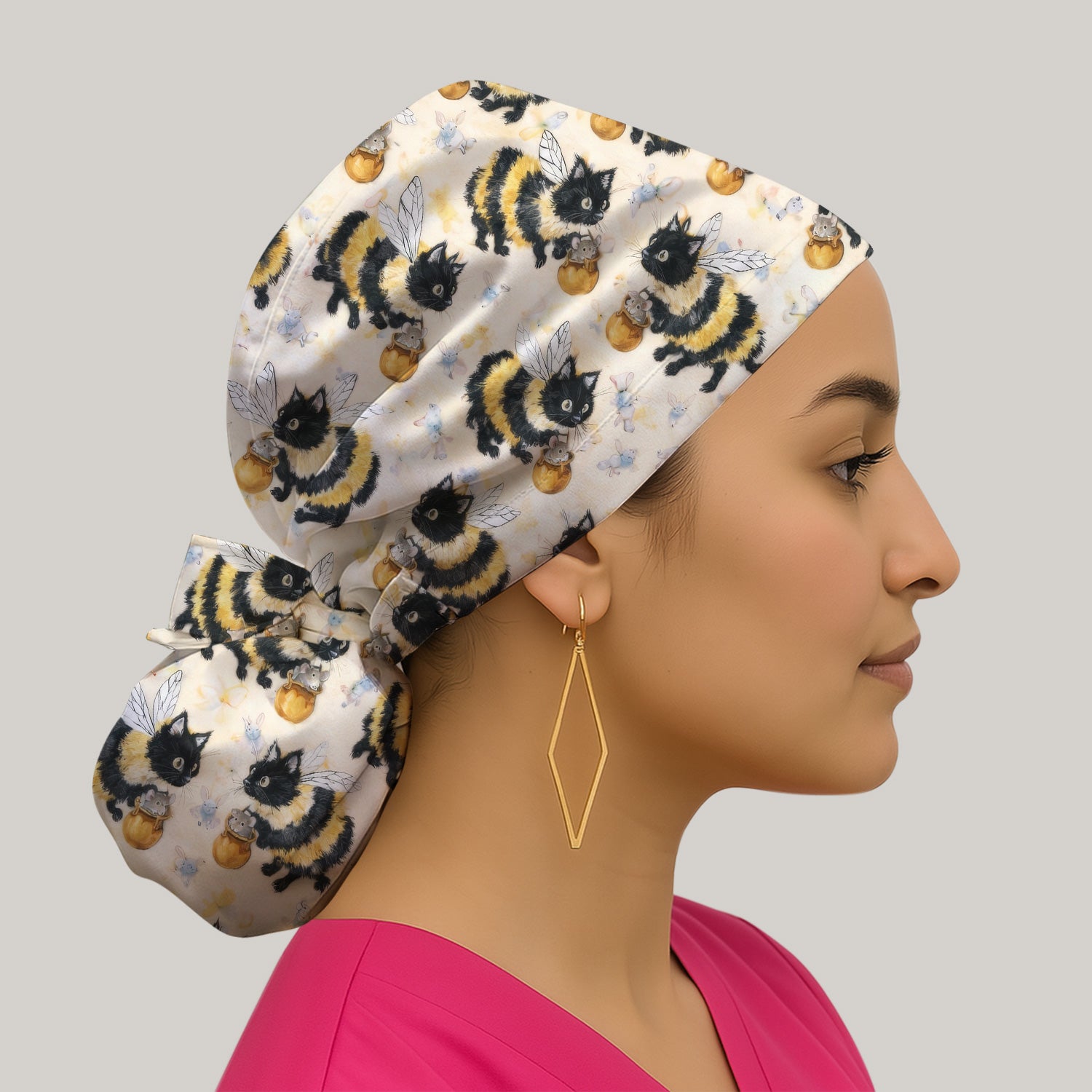 Adorable Nurse Bumblebee Cat Honey Jar Winged Pattern Scrub Cap, Surgical Caps for Doctors