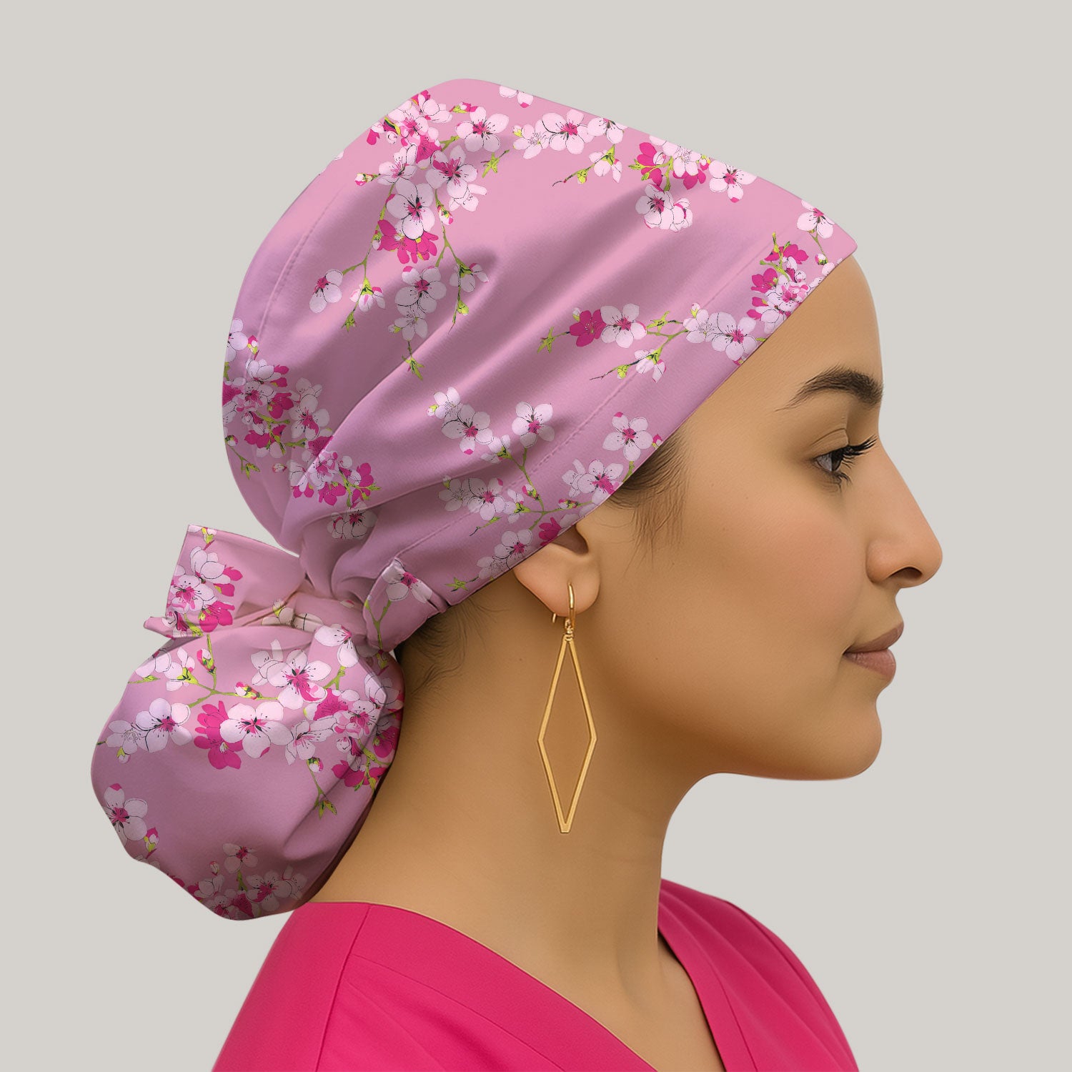 Elegant Cherry Blossom Floral Pattern Bouffant Cap, Scrub Caps for Women