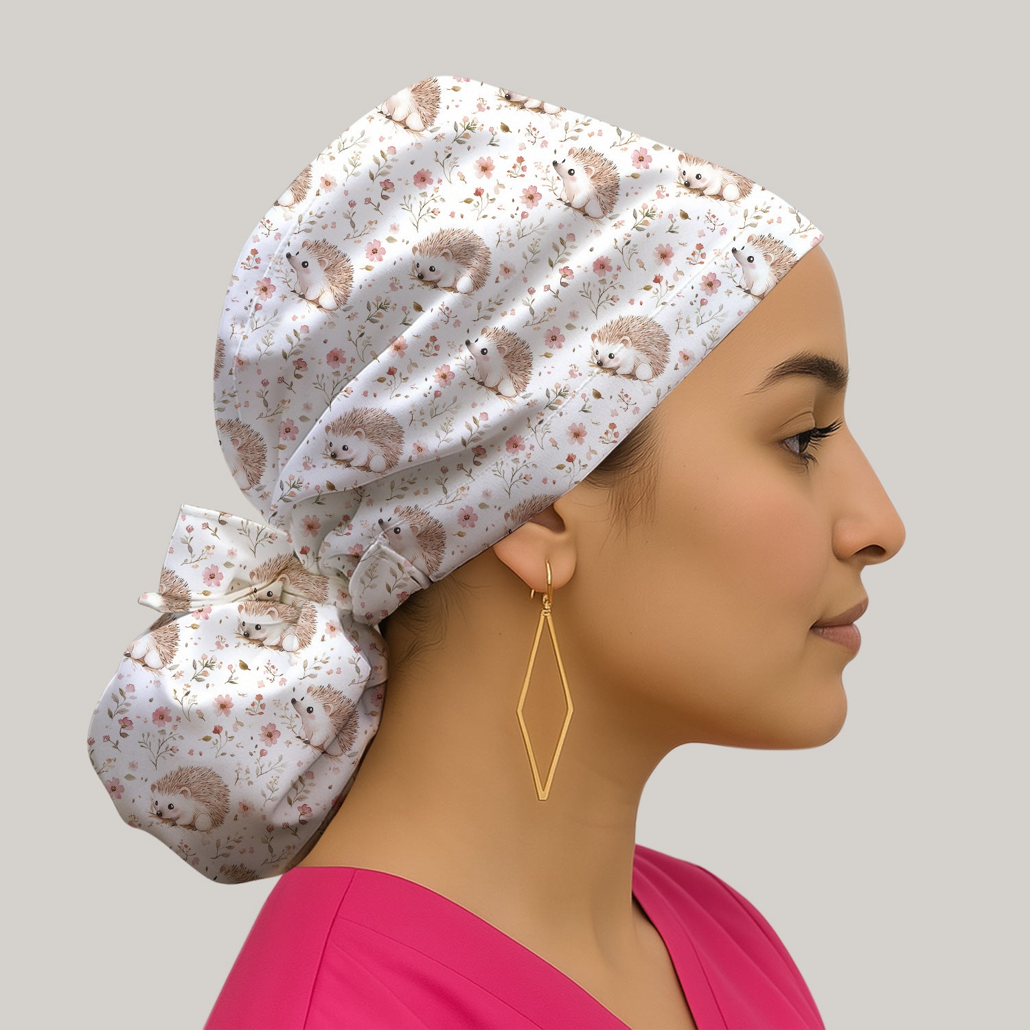 Cute Hedgehog Wildflower Garden Pattern Scrub Cap, Surgical Caps for Doctors