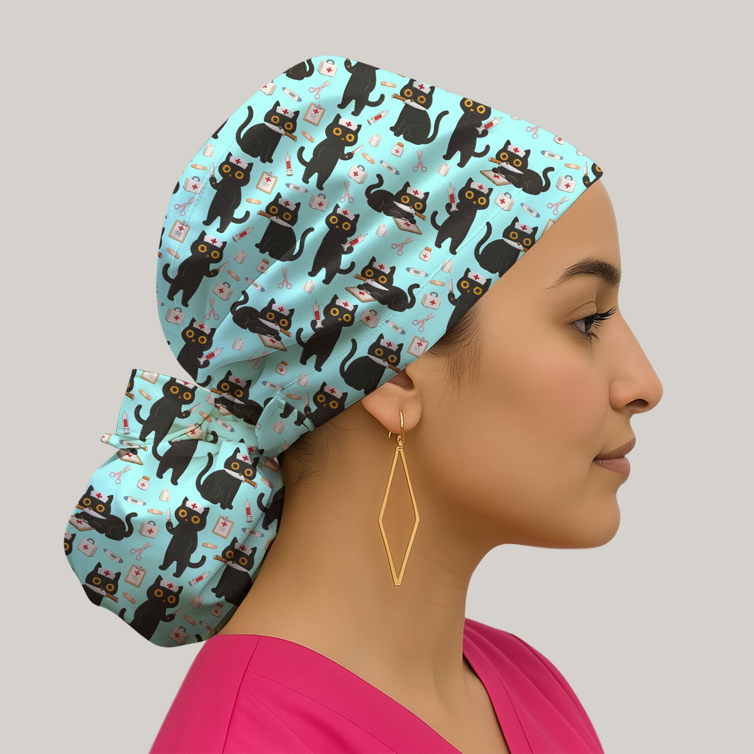 Cute Black Cat Nurse Pattern Cap, Bouffant Scrub Caps for Women