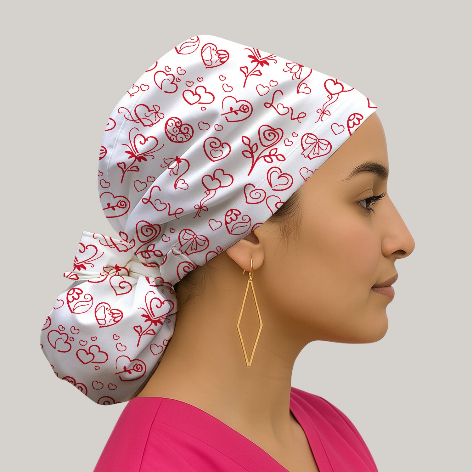 Cute Valentine Heart Scrub Cap, Artistic Heart Pink Love Line Art Pattern Nurse Hat, Comfortable Scrubs For Nursing