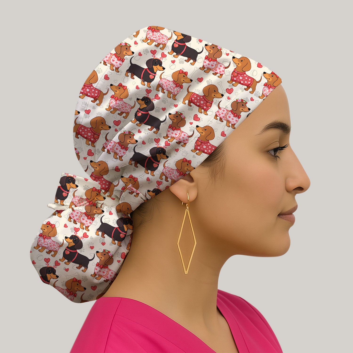 Valentine Dachshund Scrub Cap, Wiener Dog Love Pattern Nurse Hat, Breathable Fabrics Nursing Uniform