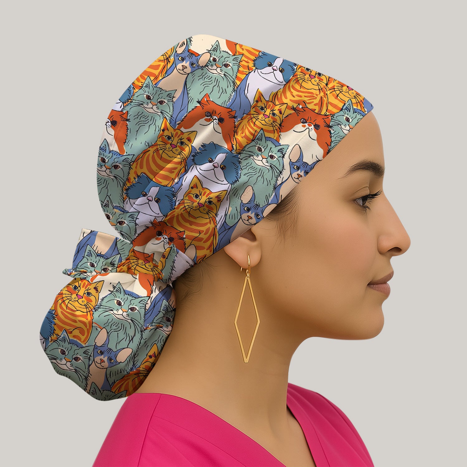 Cute Multicolor Cat Faces Illustration Pattern Scrub Cap, Bouffant Scrub Caps for Women