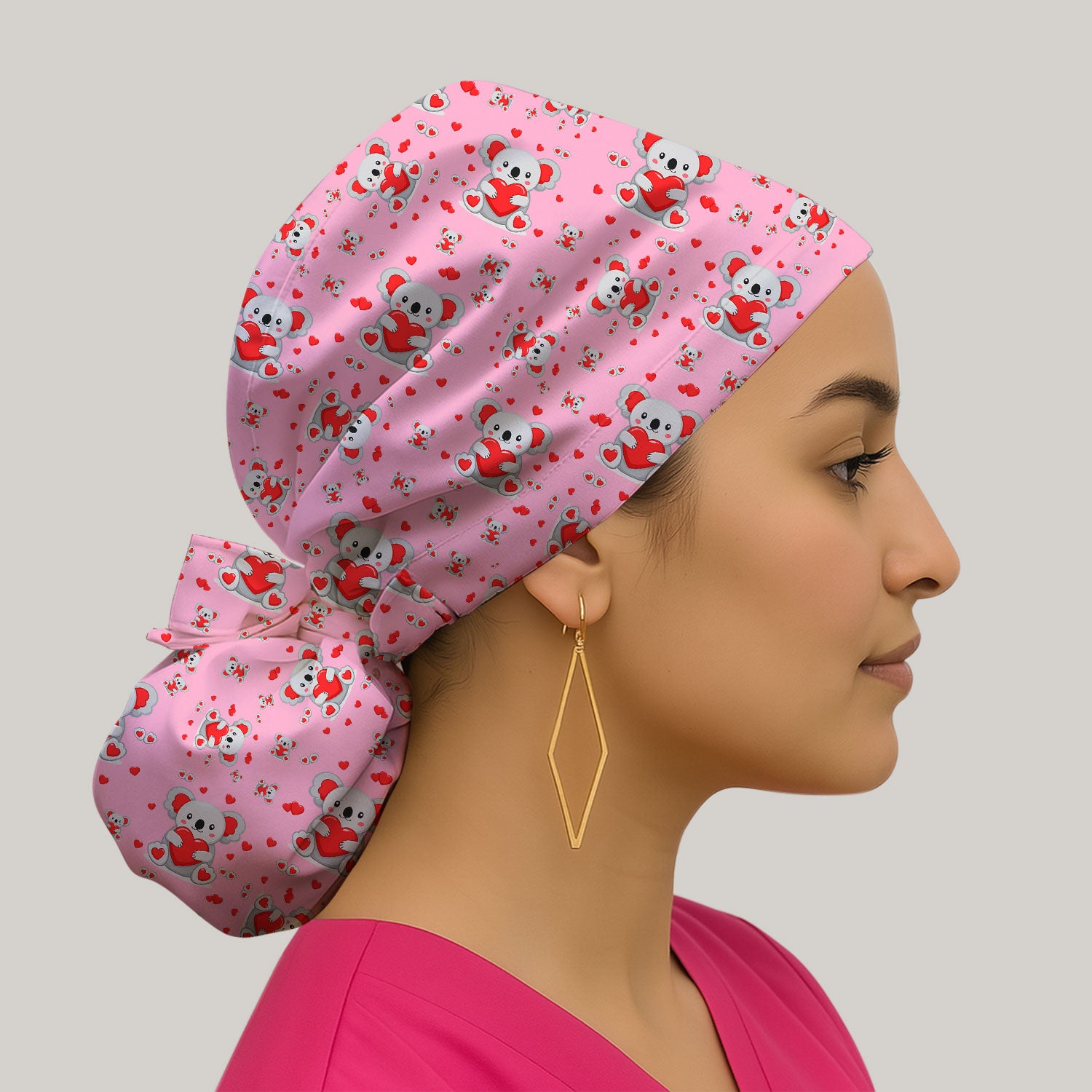 Valentine Cute Koala Heart Pattern Nurse Cap, Bouffant Scrub Caps for Women