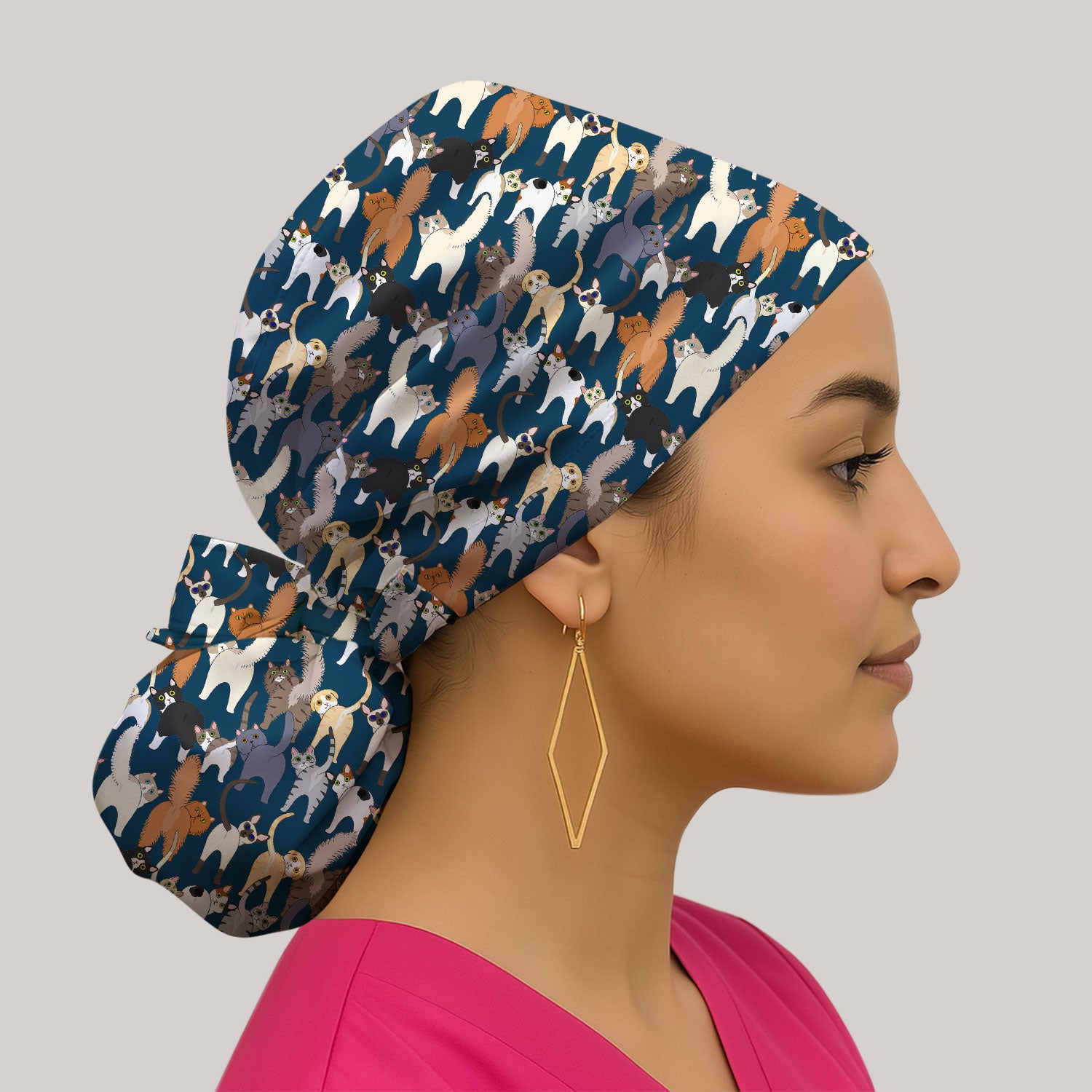 Whimsical Multicolor Cat Cartoon Pattern Cap, Bouffant Scrub Caps for Women