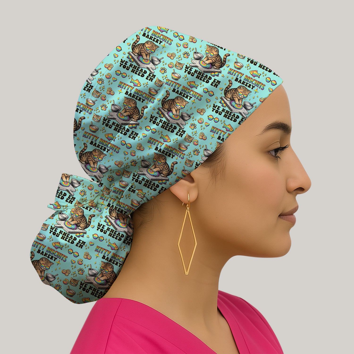 Pride Nurse Cat Baking Rainbow Dough Pattern Cap, Bouffant Scrub Caps for Women