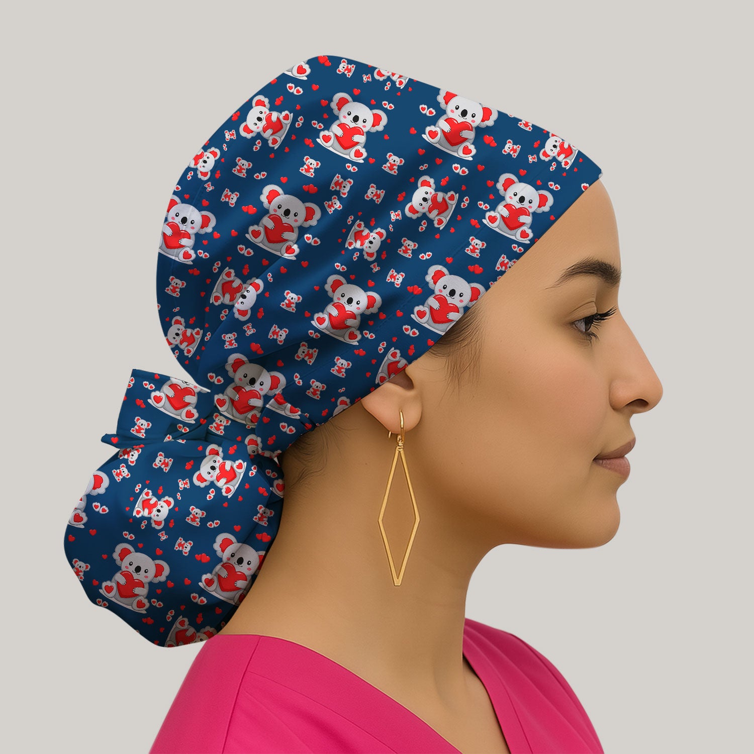 Valentine Cute Koala Heart Pattern Nurse Cap, Bouffant Scrub Caps for Women