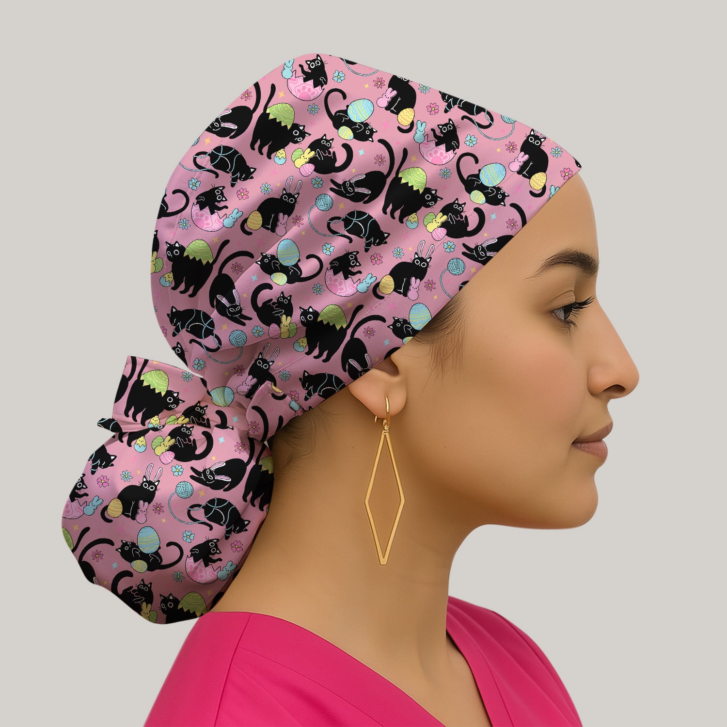 Funny Easter Black Cat Egg Pattern Print Cap, Bouffant Scrub Caps for Women