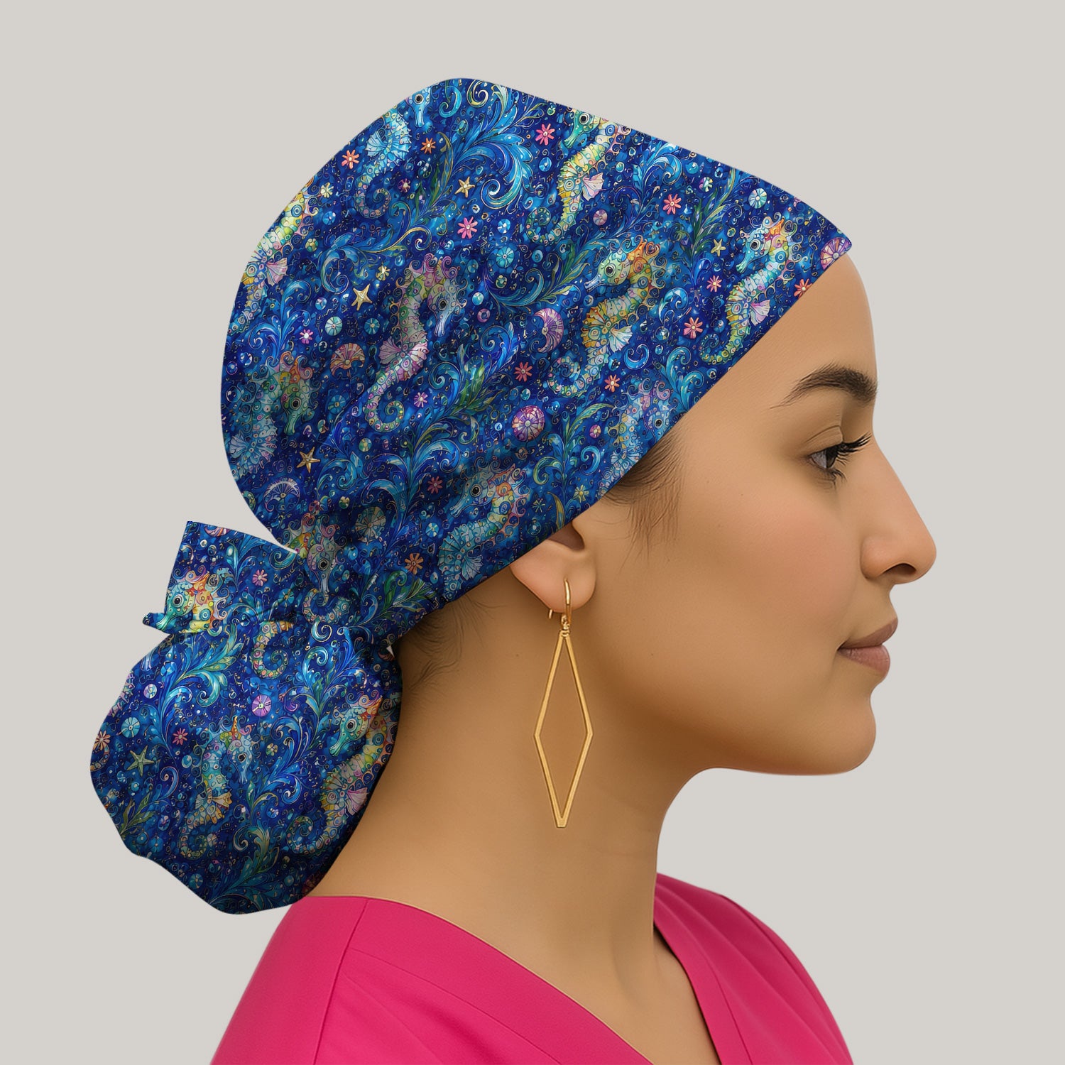 Vibrant Seahorse Ocean Swirl Pattern Scrub Cap, Surgical Caps for Doctors