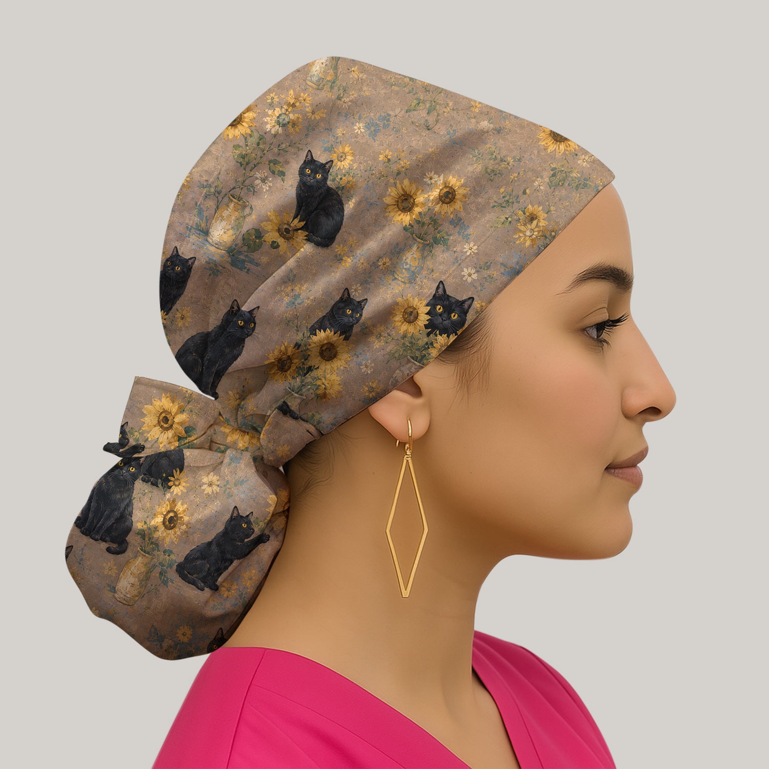 Rustic Sunflower Black Cat Print Scrub Cap, Surgical Caps for Doctors