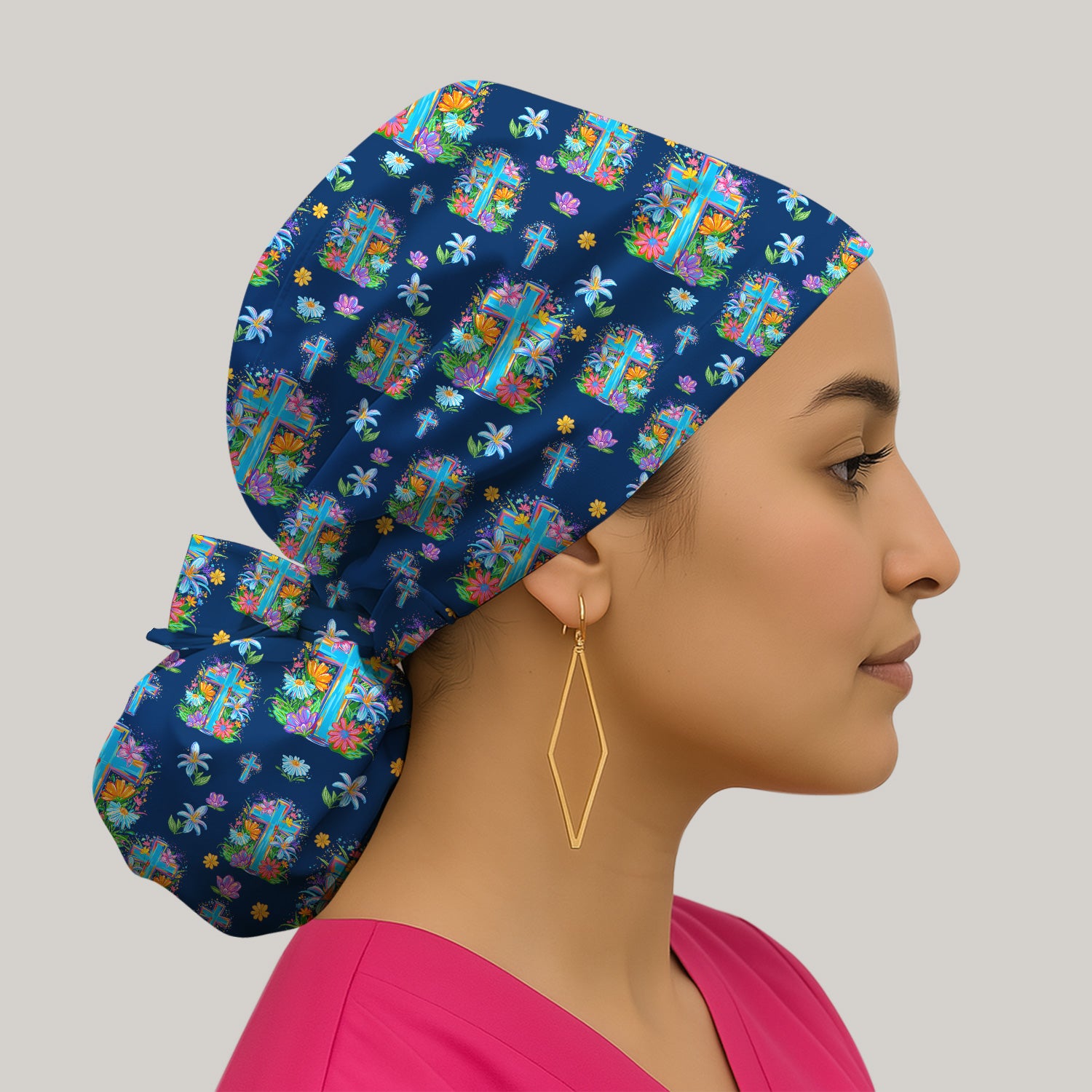 Christian Floral Cross Spring Pattern Cap, Bouffant Scrub Caps for Women
