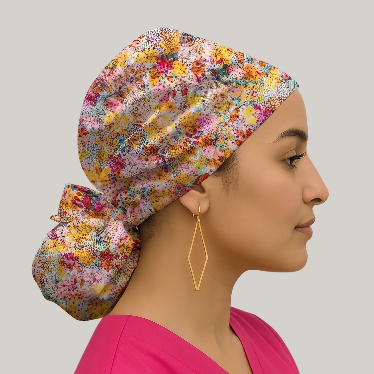 Autumn Floral Leaves Pattern Print Cap, Bouffant Scrub Caps for Women