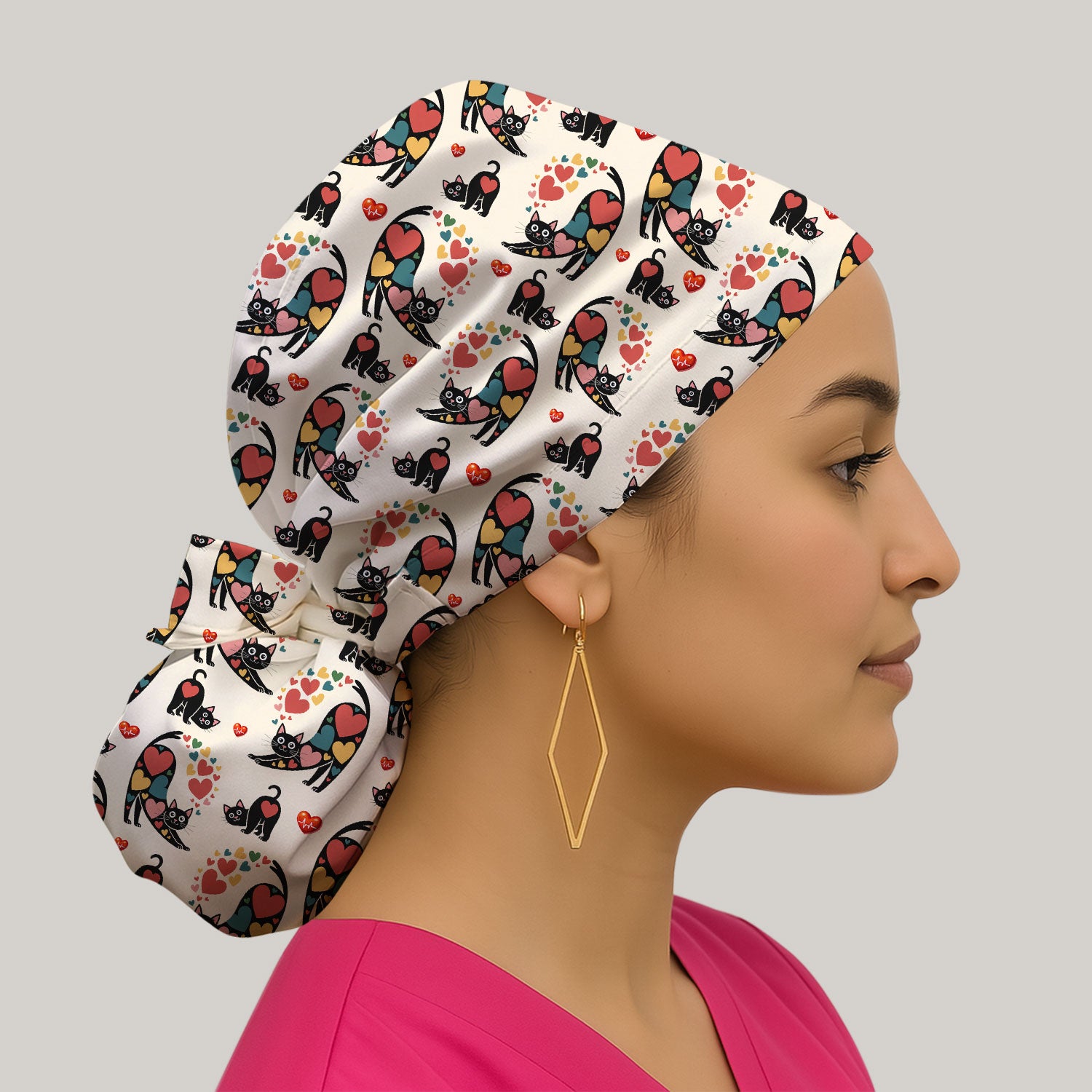 Playful Cat Valentine Heart Print Nurse Scrub Cap, Bouffant Scrub Caps for Women