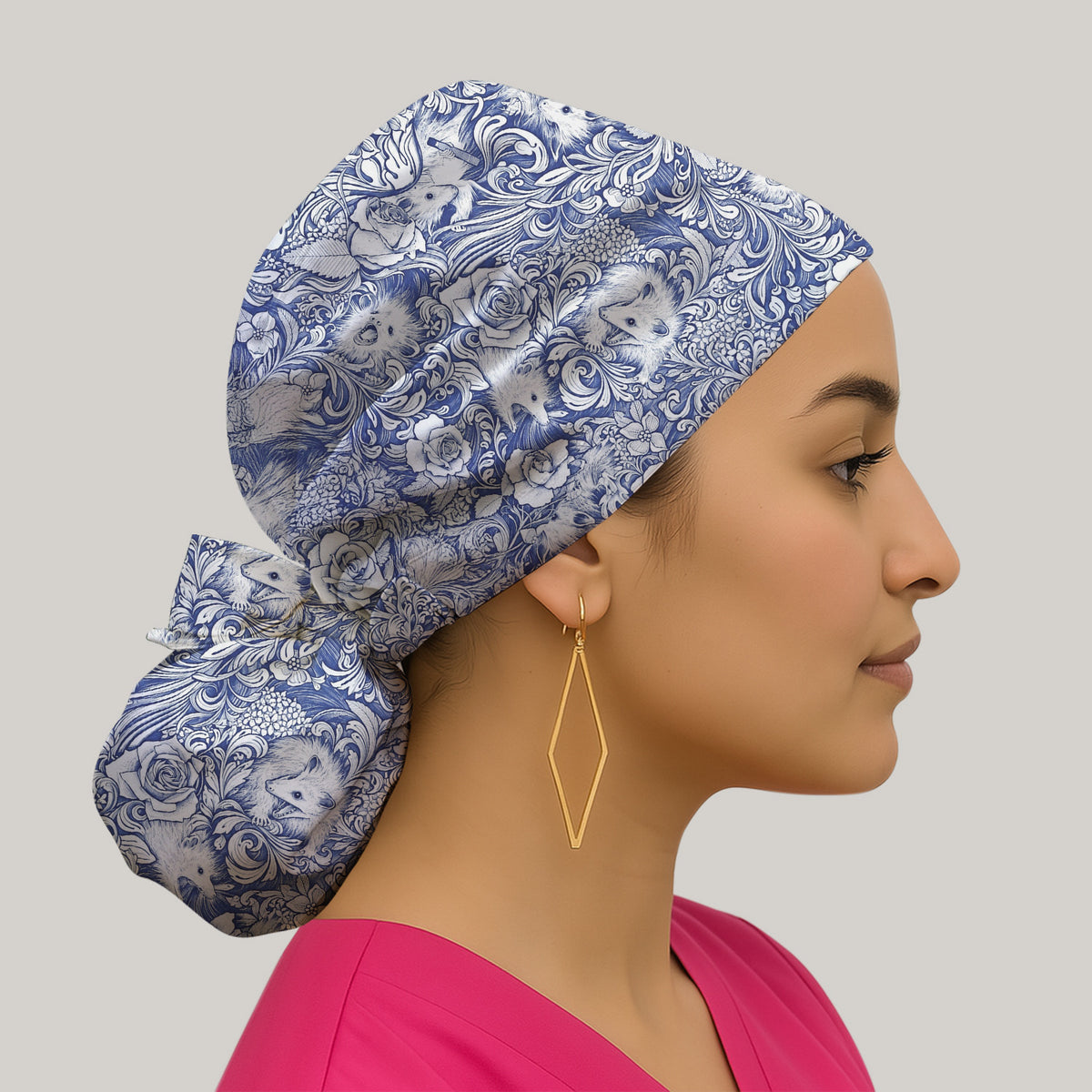 Blue Floral Opossum and Roses Scrub Cap, Surgical Caps for Doctors