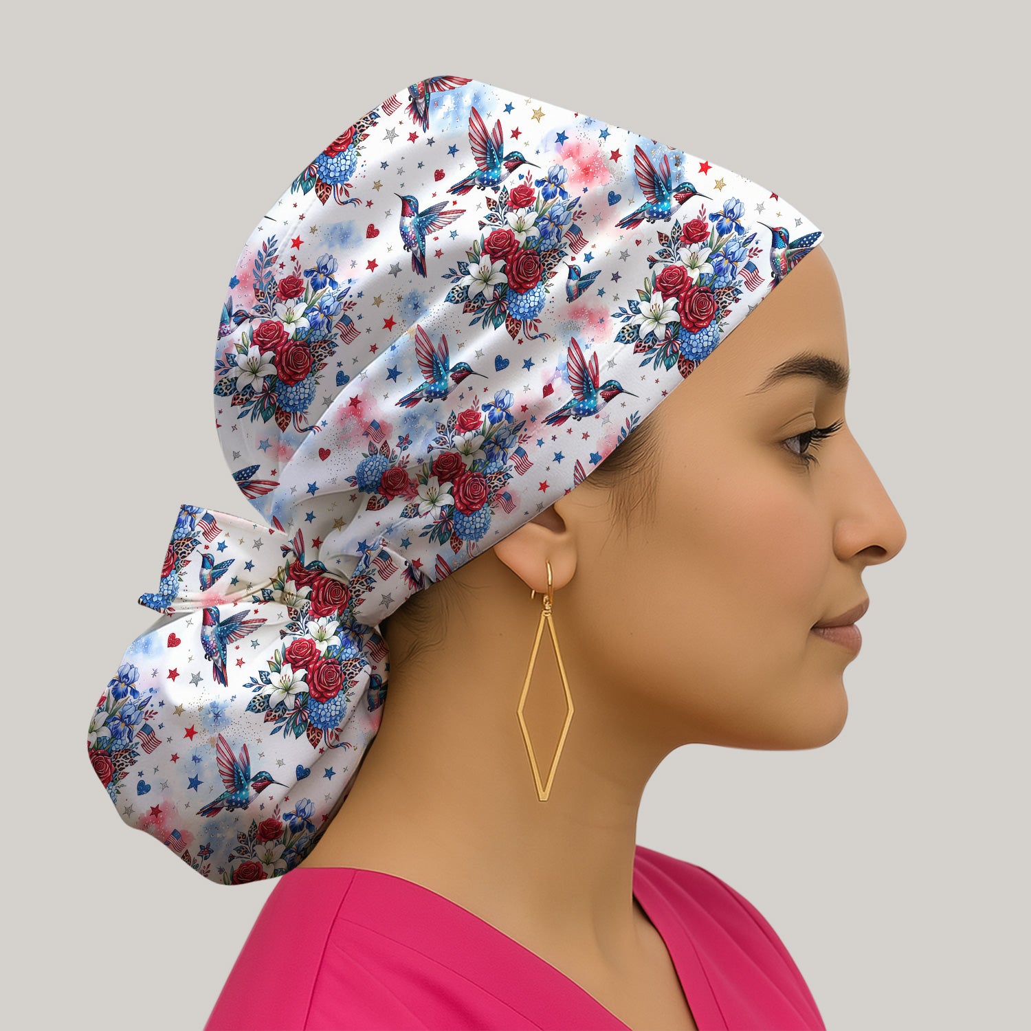 Patriotic Hummingbird Floral Bouquet Pattern Scrub Cap, Surgical Caps for Doctors