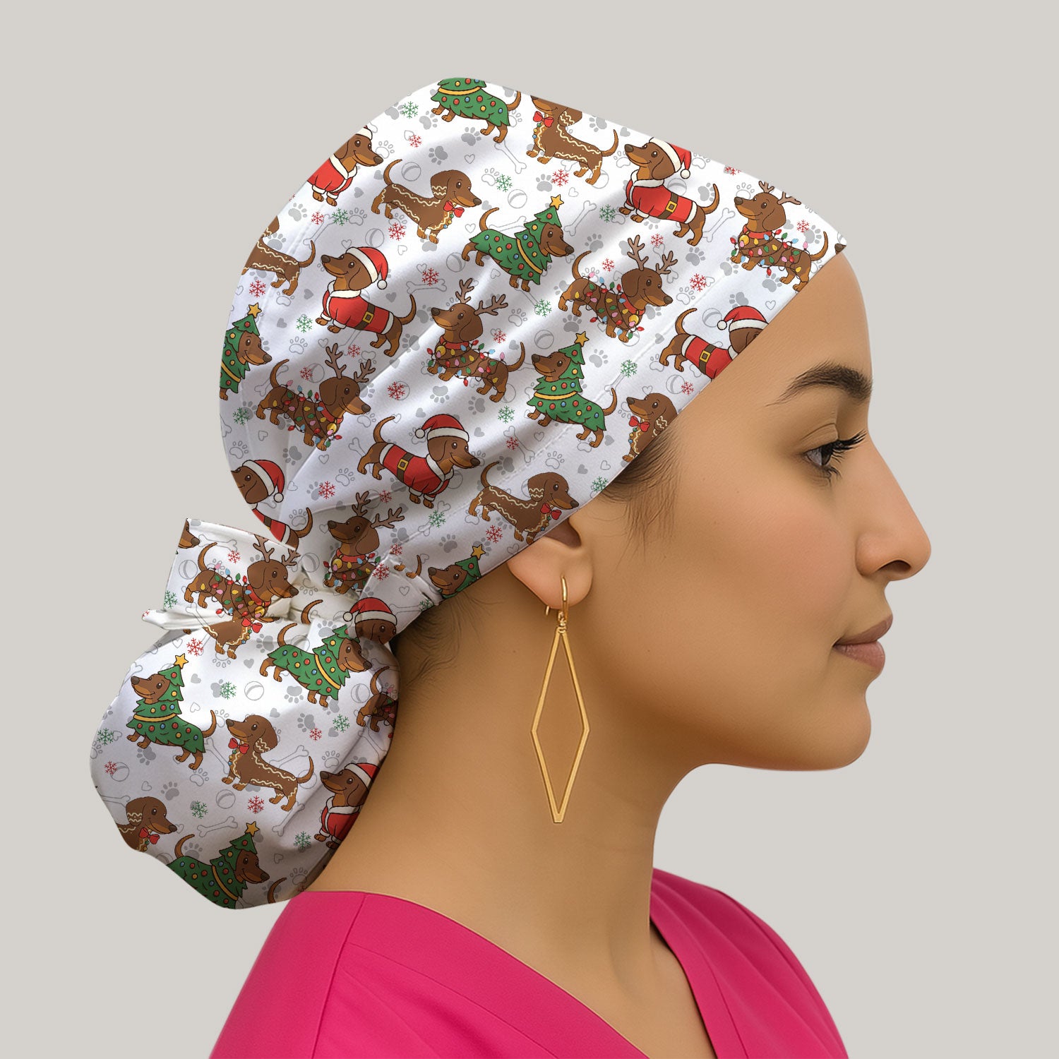 Christmas Dachshund Scrub Cap - Sausage Dog Wiener Holiday Surgical Hat Multi Color - Xmas Gift for RN CNA LPN
