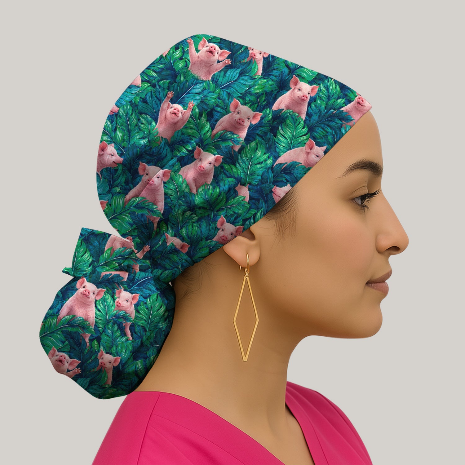Cute Piglet Jungle Leaves Pattern Scrub Cap, Surgical Caps for Doctors