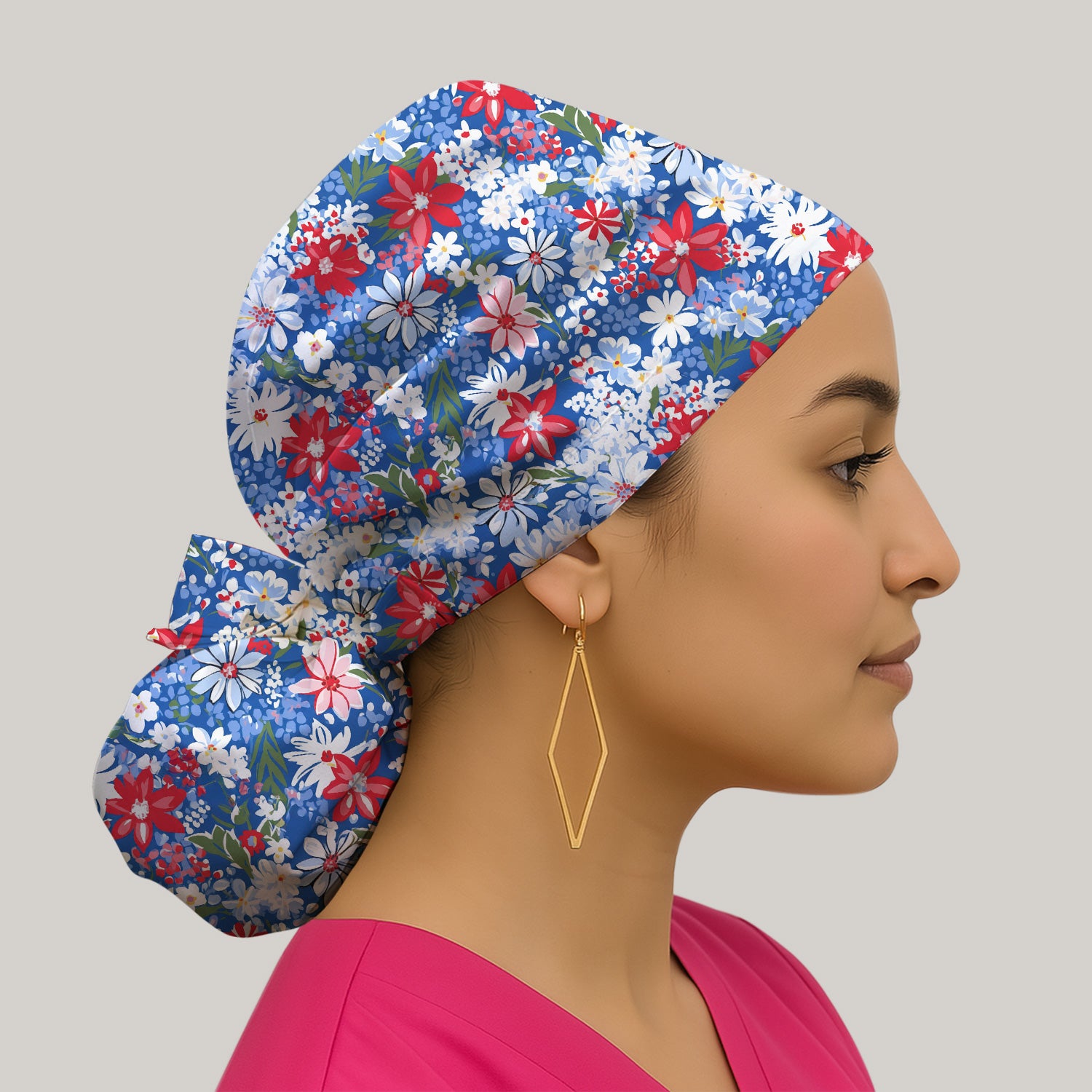 Patriotic Red White Blue Floral Garden Print Scrub Cap, Surgical Caps for Doctors