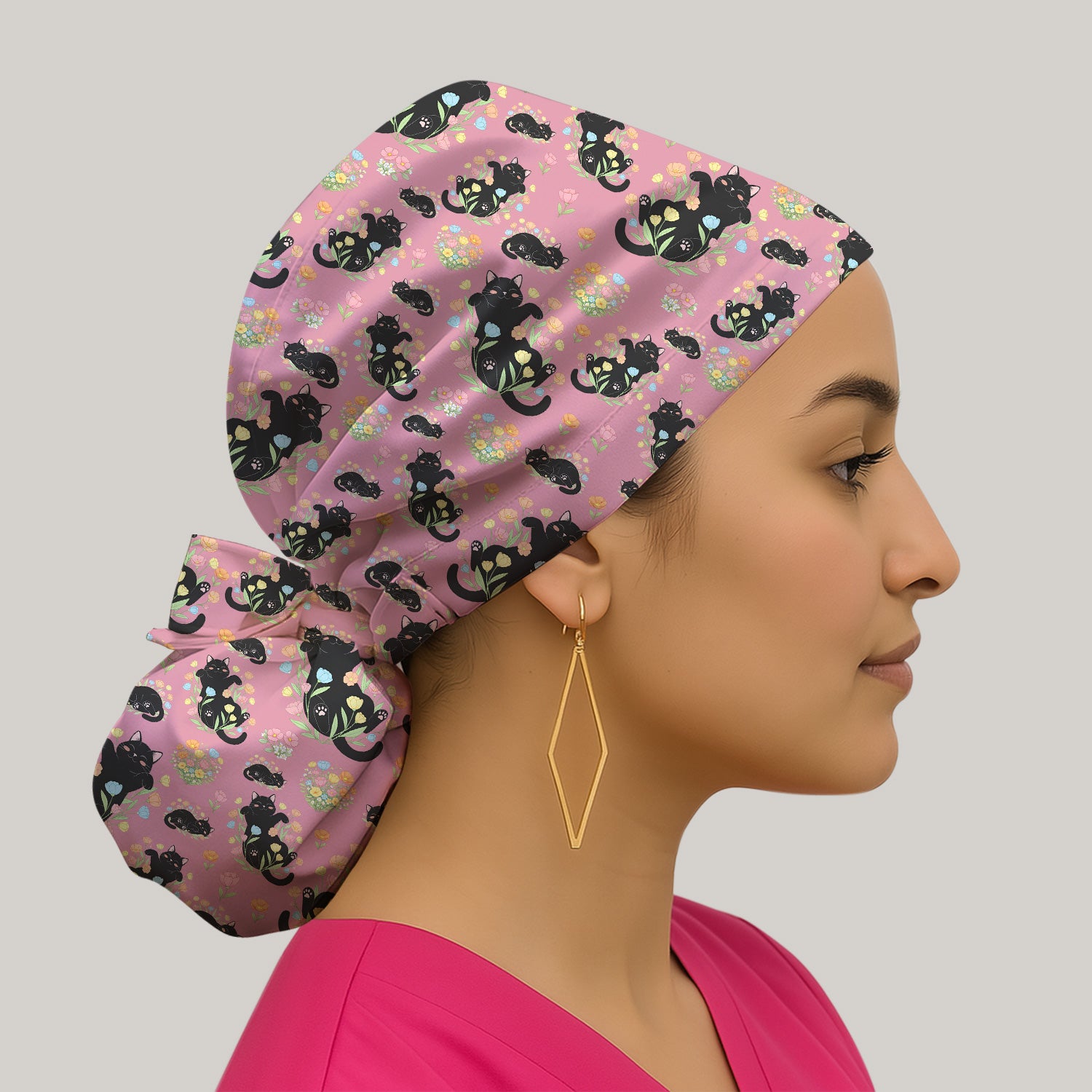 Cats With Cute Poses Floral Pattern Caps, Bouffant Scrub Caps for Women