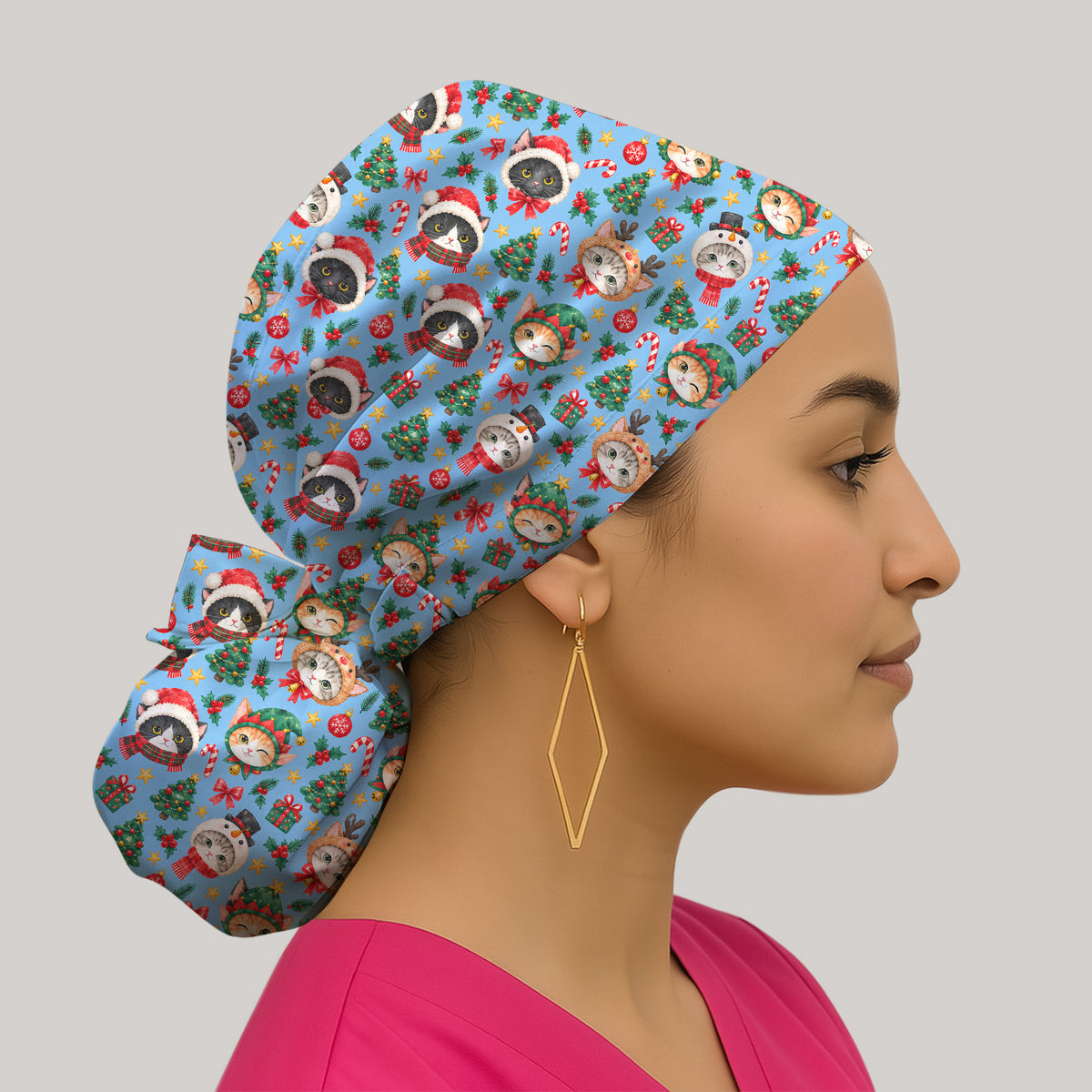 Christmas Cats And Trees Pattern Scrub Cap, Kawaii Medical Pattern Hat, Breathable Fabrics Nursing Uniform