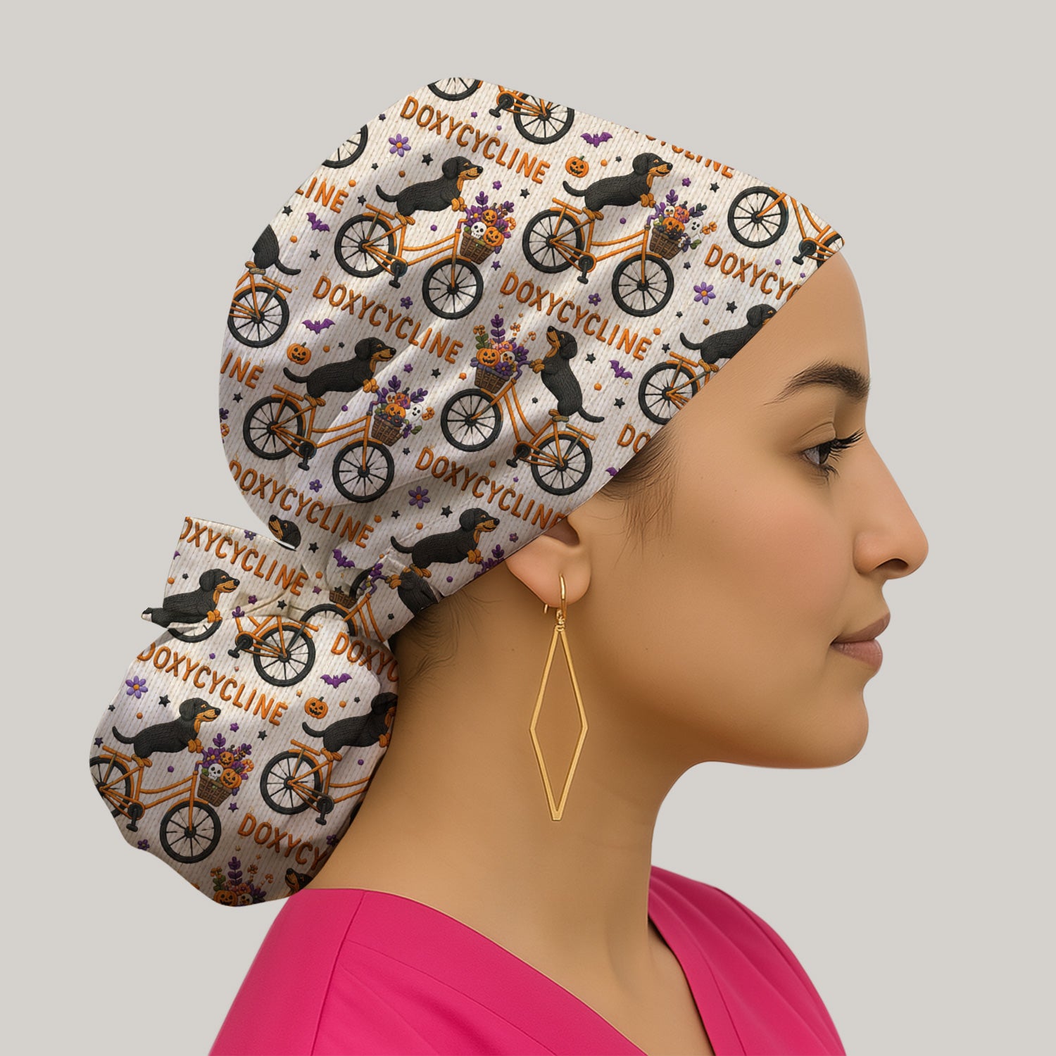 Halloween Dachshund with Doxycycline Bike Print Scrub Cap, Surgical Caps for Doctors