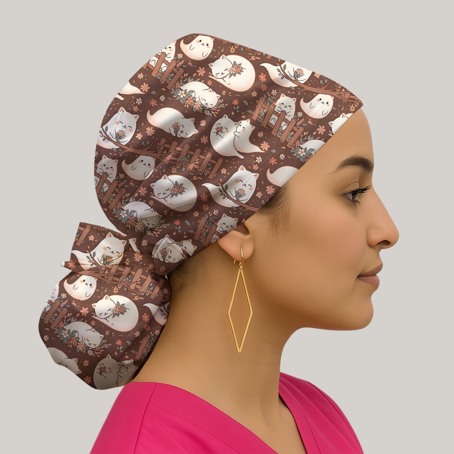 Floral Cat with Garden Fence Print Scrub Cap, Surgical Caps for Doctors