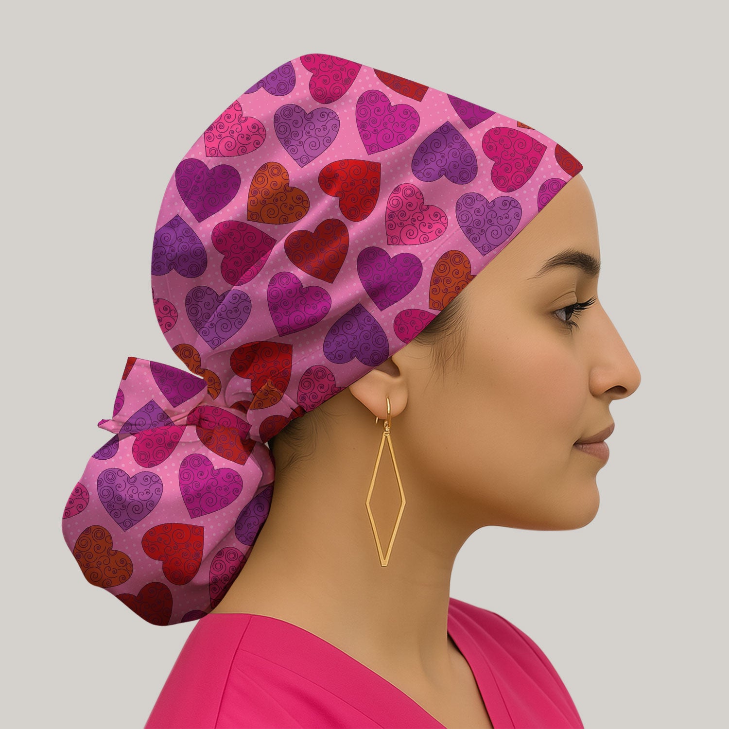 Women’s Pink Heart Scrub Cap, Valentine Heart Pattern Nurse Hat, Comfortable Scrubs For Nursing