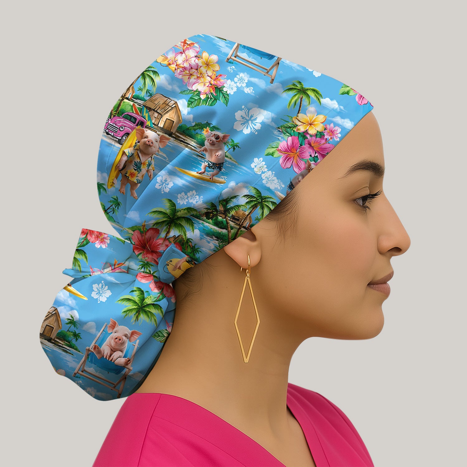 Tropical Surfing Pig Beach Pattern Scrub Cap, Surgical Caps for Doctors