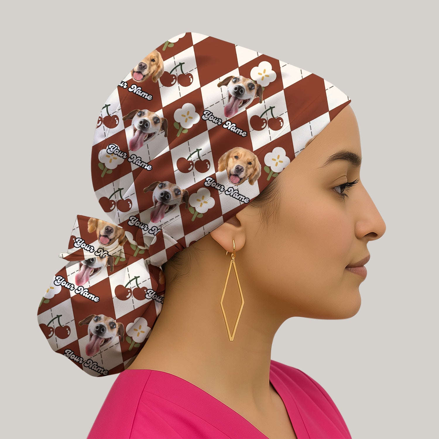 Custom Dog Face Scrub Cap, Playful Dog Cherry Argyle Pattern, Surgical Caps for Doctors
