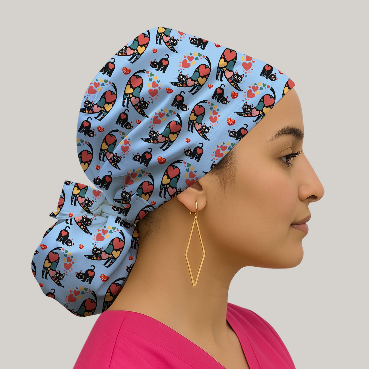 Playful Cat Valentine Heart Print Nurse Scrub Cap, Bouffant Scrub Caps for Women