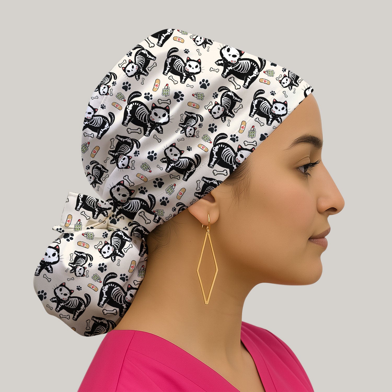 Skeleton Cat Medical Pattern Scrub Cap, Surgical Caps for Doctors