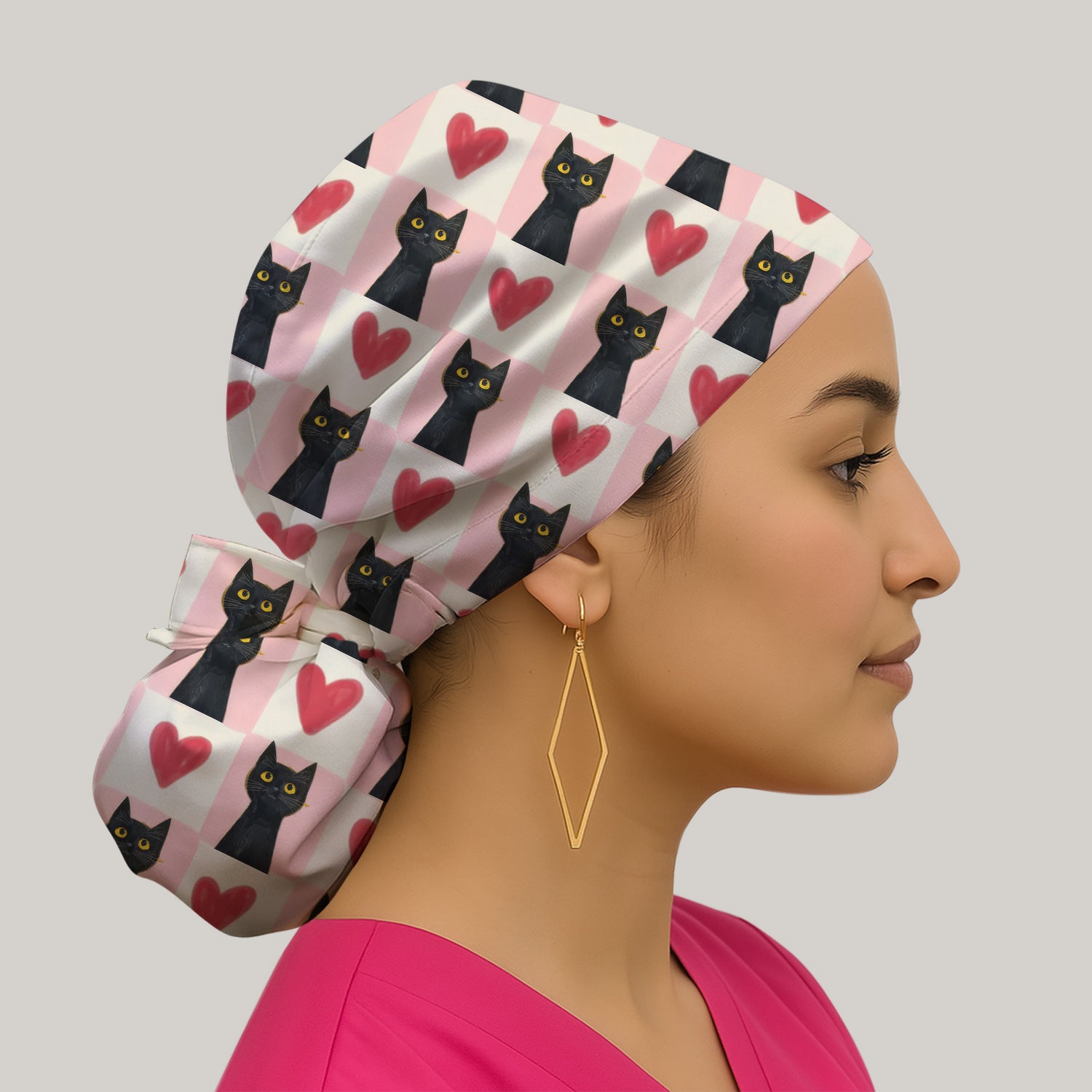 Cute Black Cat Heart Print Surgical Scrub Cap, Pink Medical Work Hat