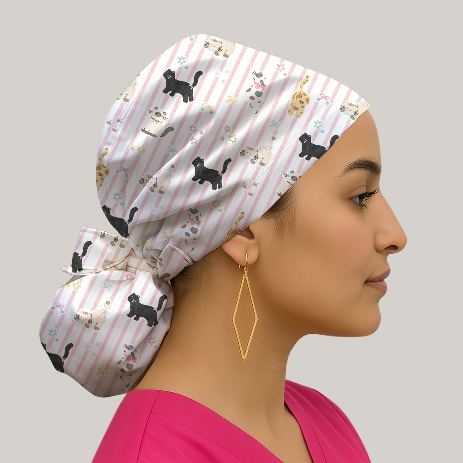 Cute Playful Cat Stripe Ribbon Pattern Scrub Cap, Surgical Caps for Doctors