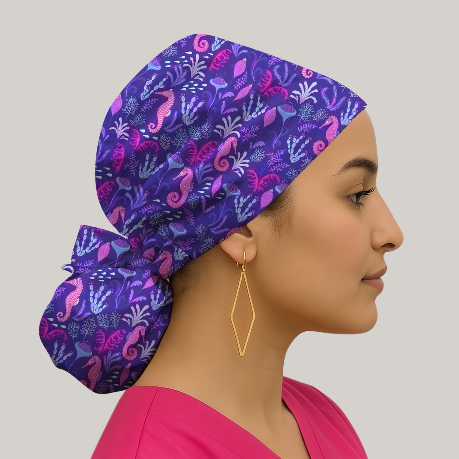 Purple Seahorse Ocean Pattern Scrub Cap, Surgical Caps for Doctors