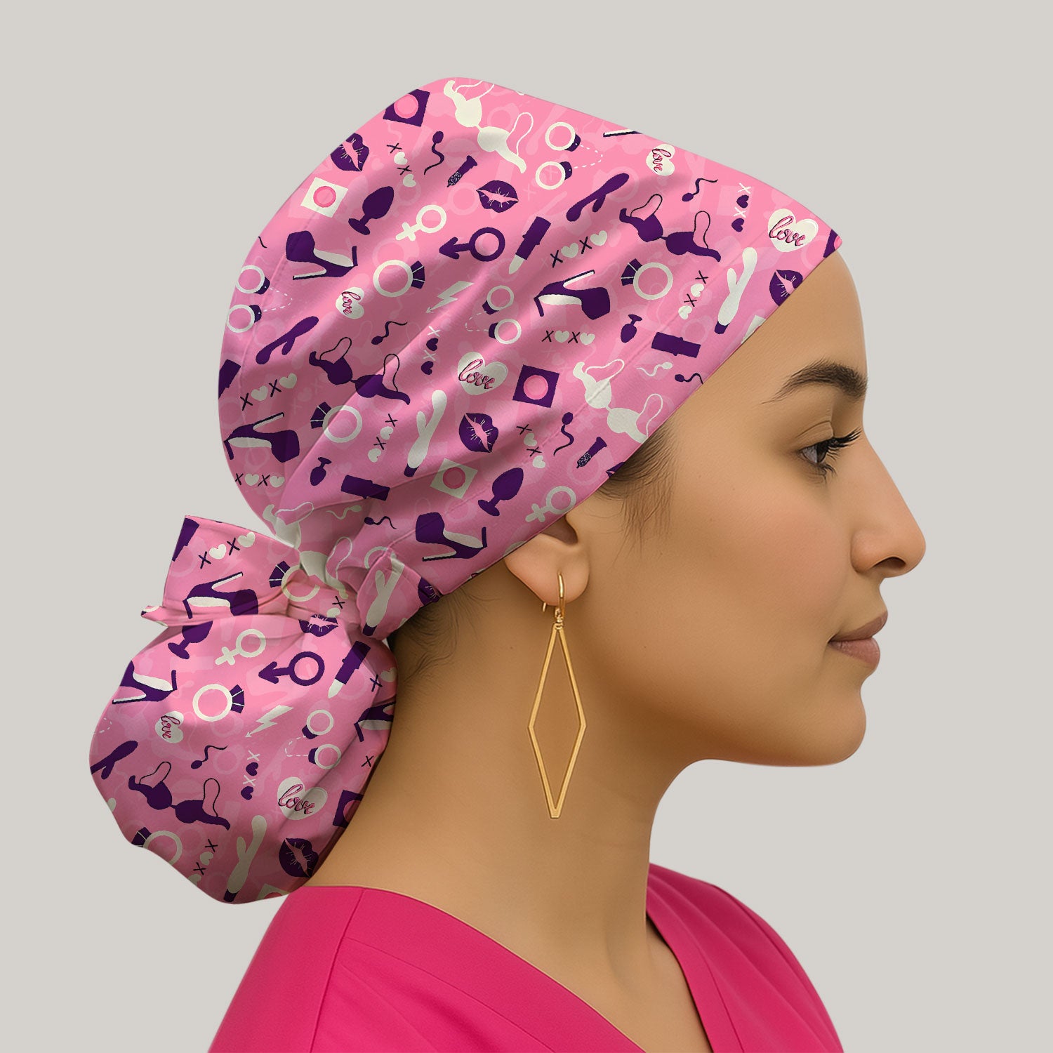 Valentine Pattern Nurse Scrub Cap, Pink Love Nurse Hat, Breathable Fabrics Nursing Uniform