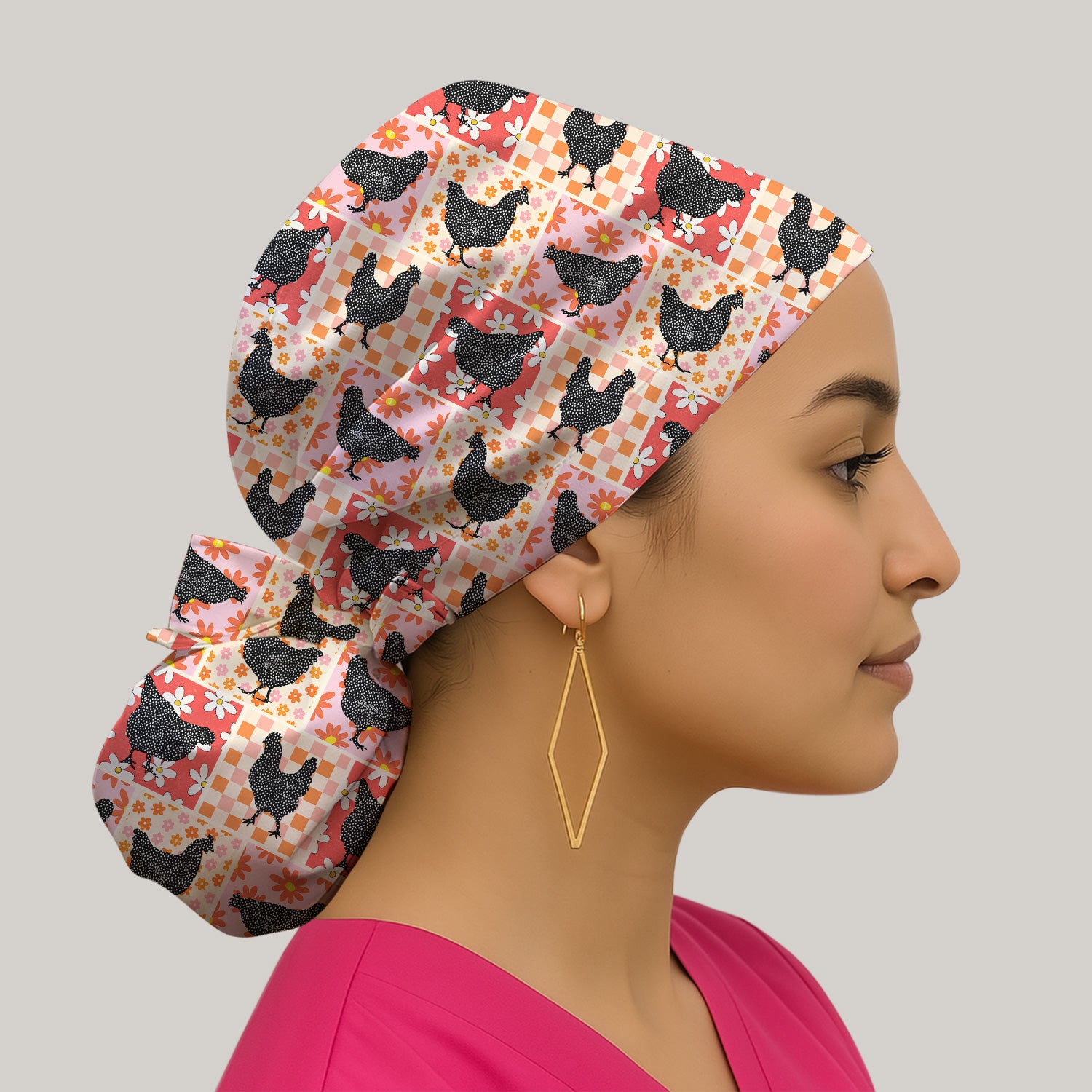 Charming Chicken Patchwork Floral Pattern Scrub Cap, Breathable Fabrics Caps Uniform