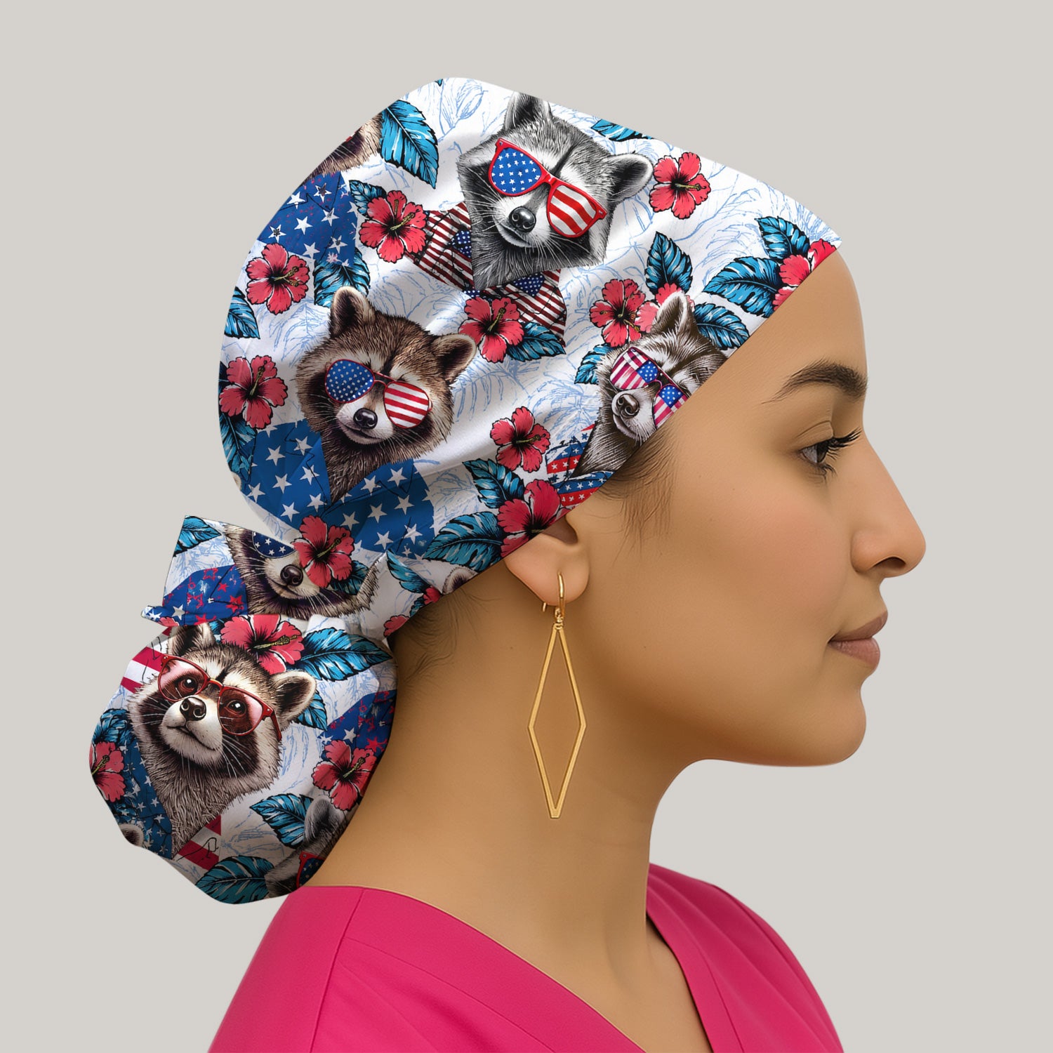 Funny Patriotic Raccoon Sunglasses Pattern Scrub Cap, Surgical Caps for Doctors