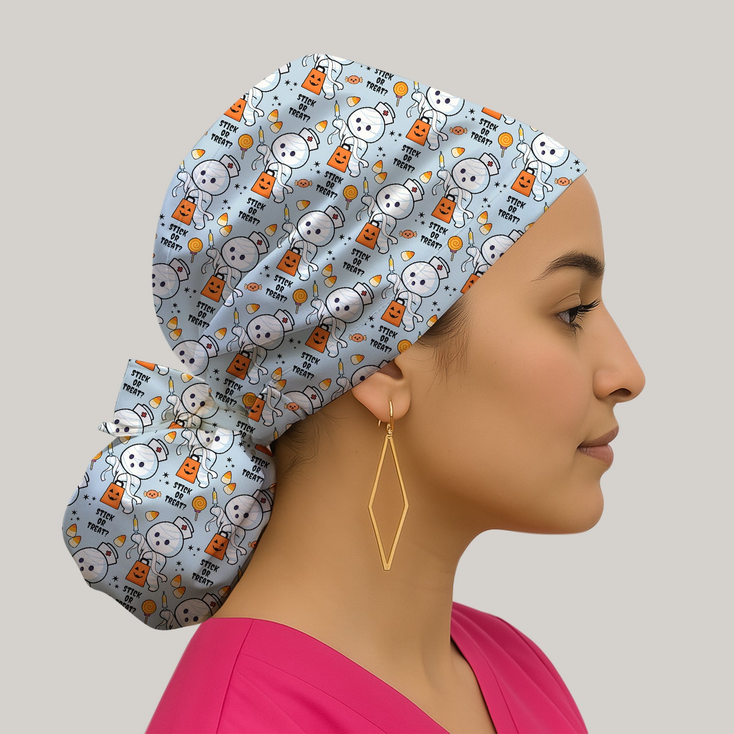 Funny Halloween Stick Or Treat Mummy Nurse Scrub Cap, Surgical Caps for Doctors