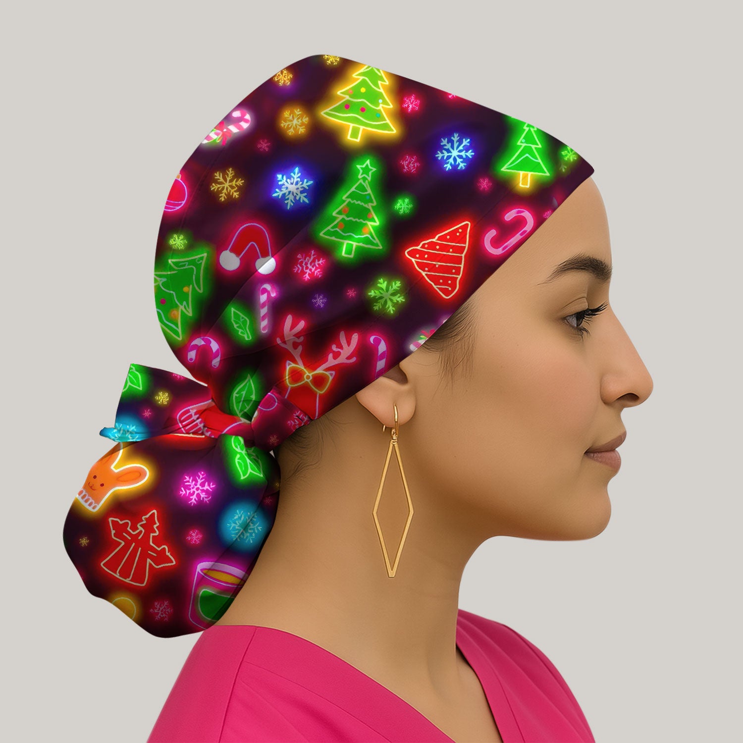 Reindeer Neon Xmas Scrub Cap, Christmas Pattern Scrub Hat,  Breathable Fabrics Nursing Uniform