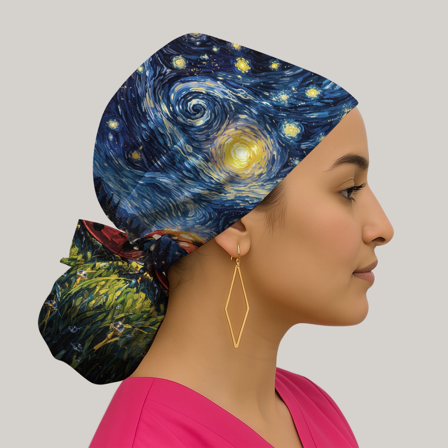 Swirl Night Sky Ladybug Landscape Art Print Scrub Cap, Bouffant Scrub Caps for Women