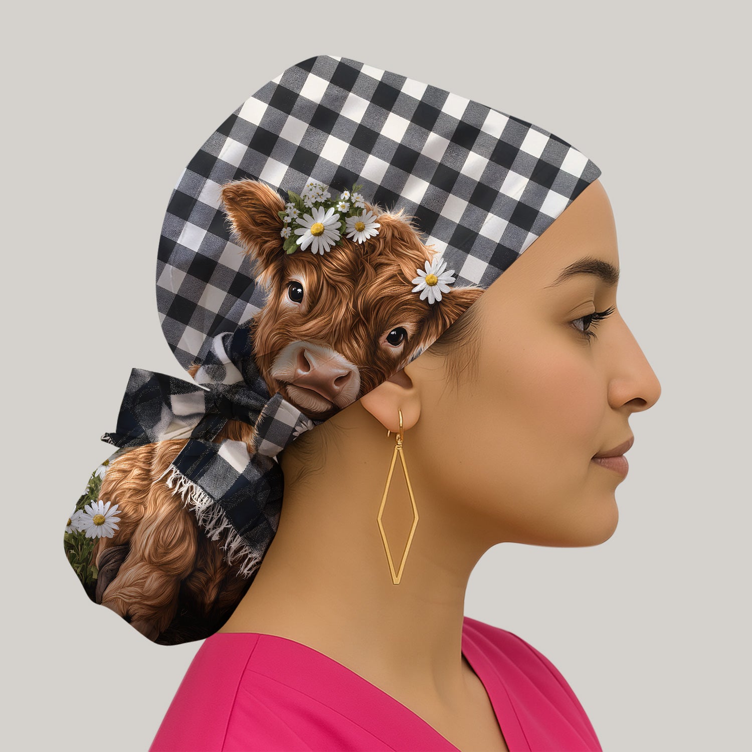 Highland Cow Daisy Pattern Scrub Cap, Surgical Caps for Doctors