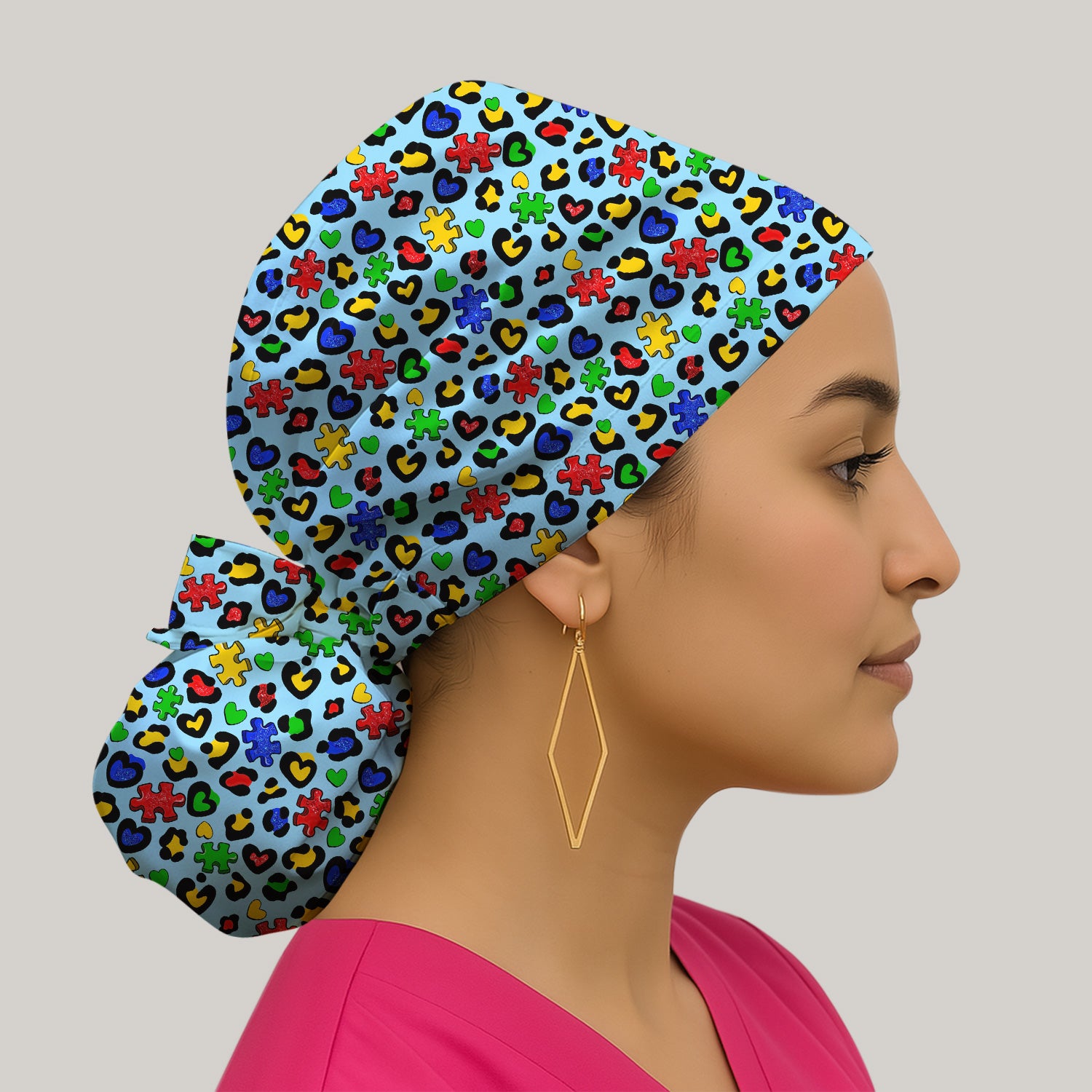 Colorful Puzzle Heart Print Scrub Cap, Adjustable Surgical Cap for Women
