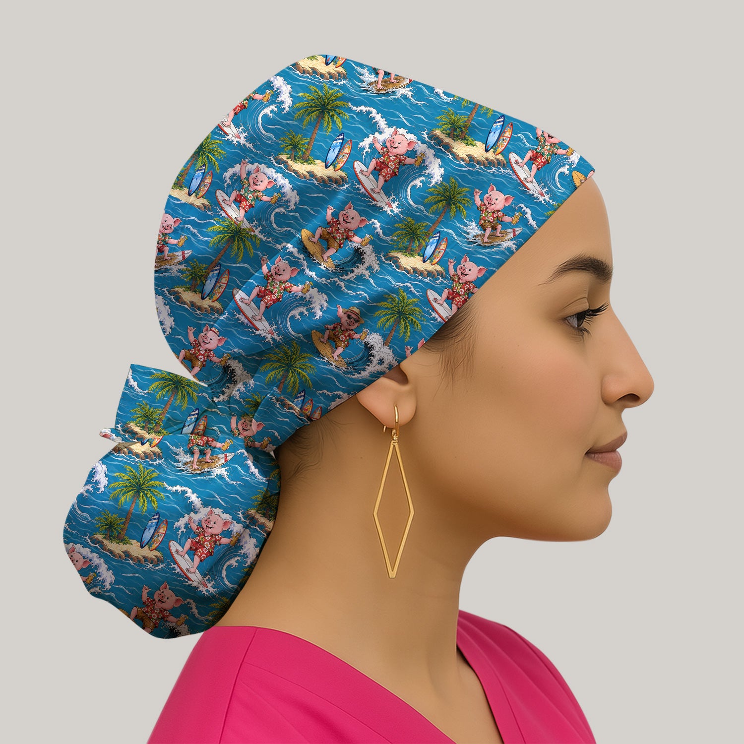 Tropical Surfing Pig Island Pattern Scrub Cap, Surgical Caps for Doctors