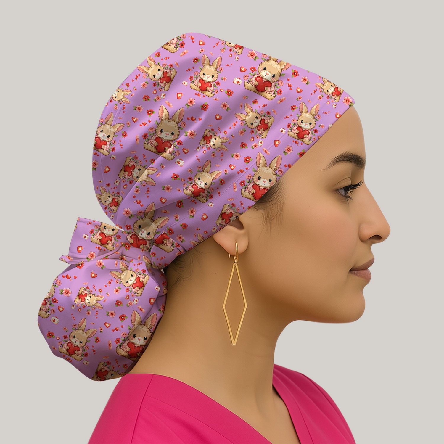 Adorable Bunny Heart Healthcare Design Cap, Bouffant Scrub Caps for Women