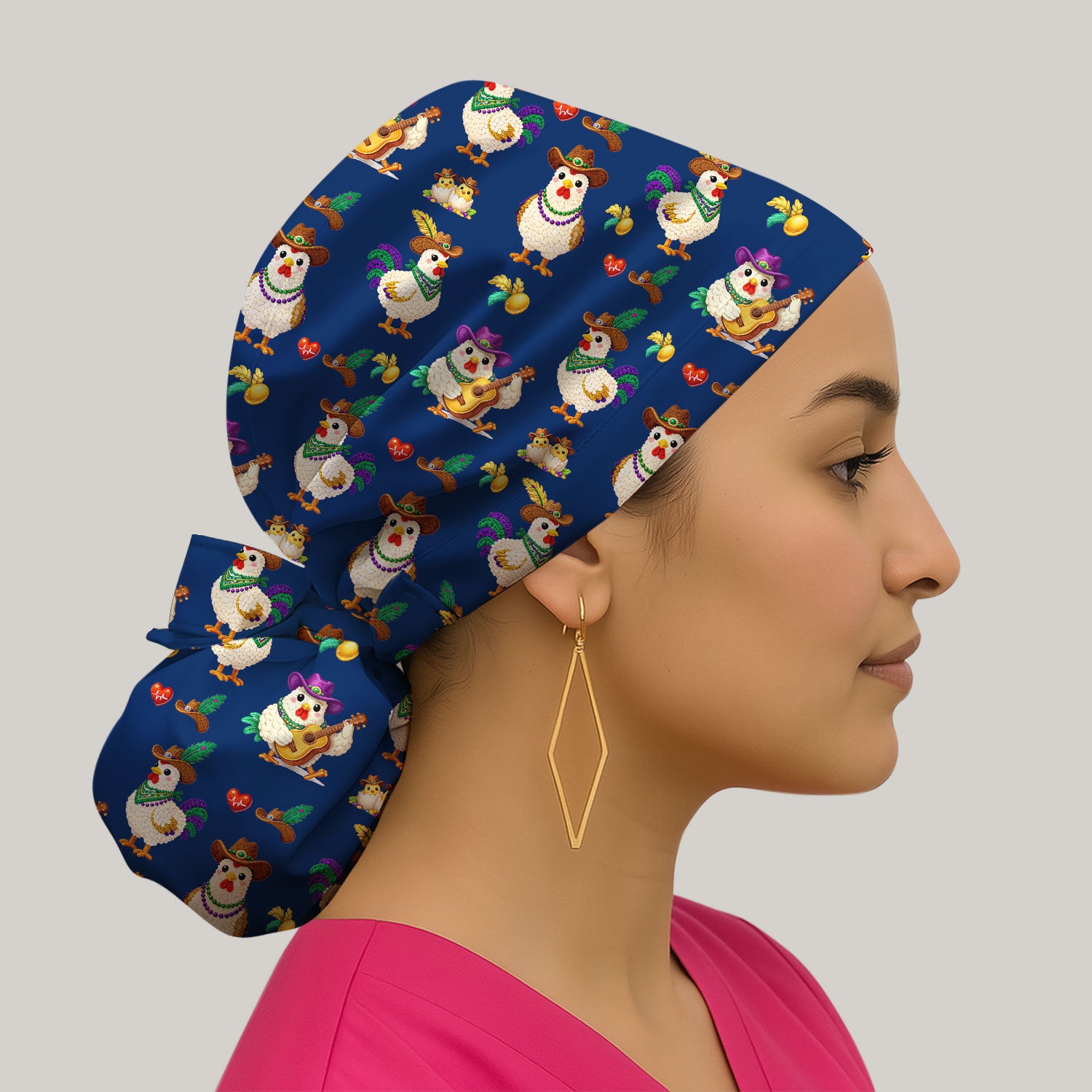 Funny Mardi Gras Rooster Cowboy Print Cap, Bouffant Scrub Caps for Women