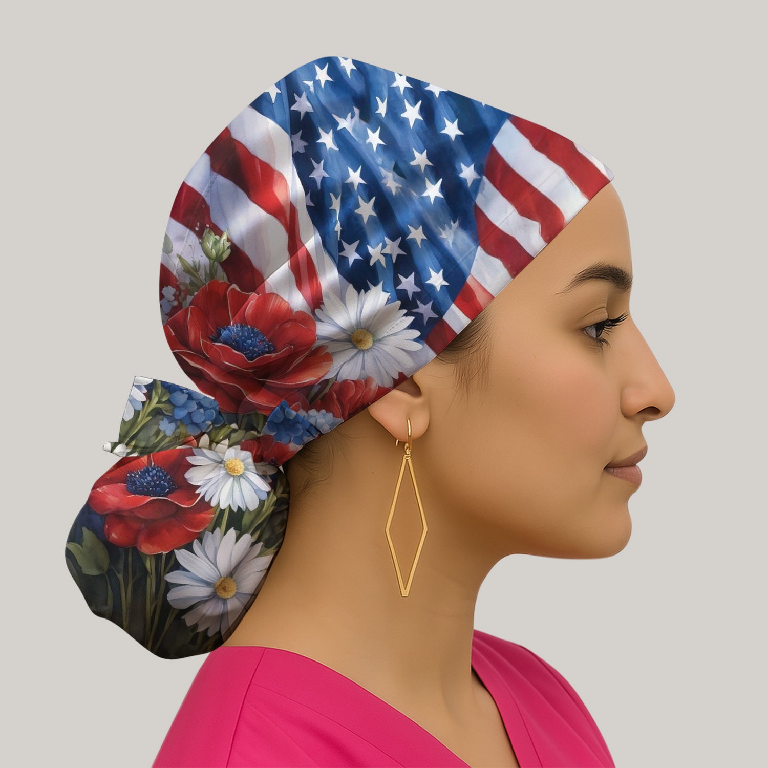 Festive US Flag Floral Bouquet Pattern Nurse Scrub Cap, Surgical Caps for Doctors