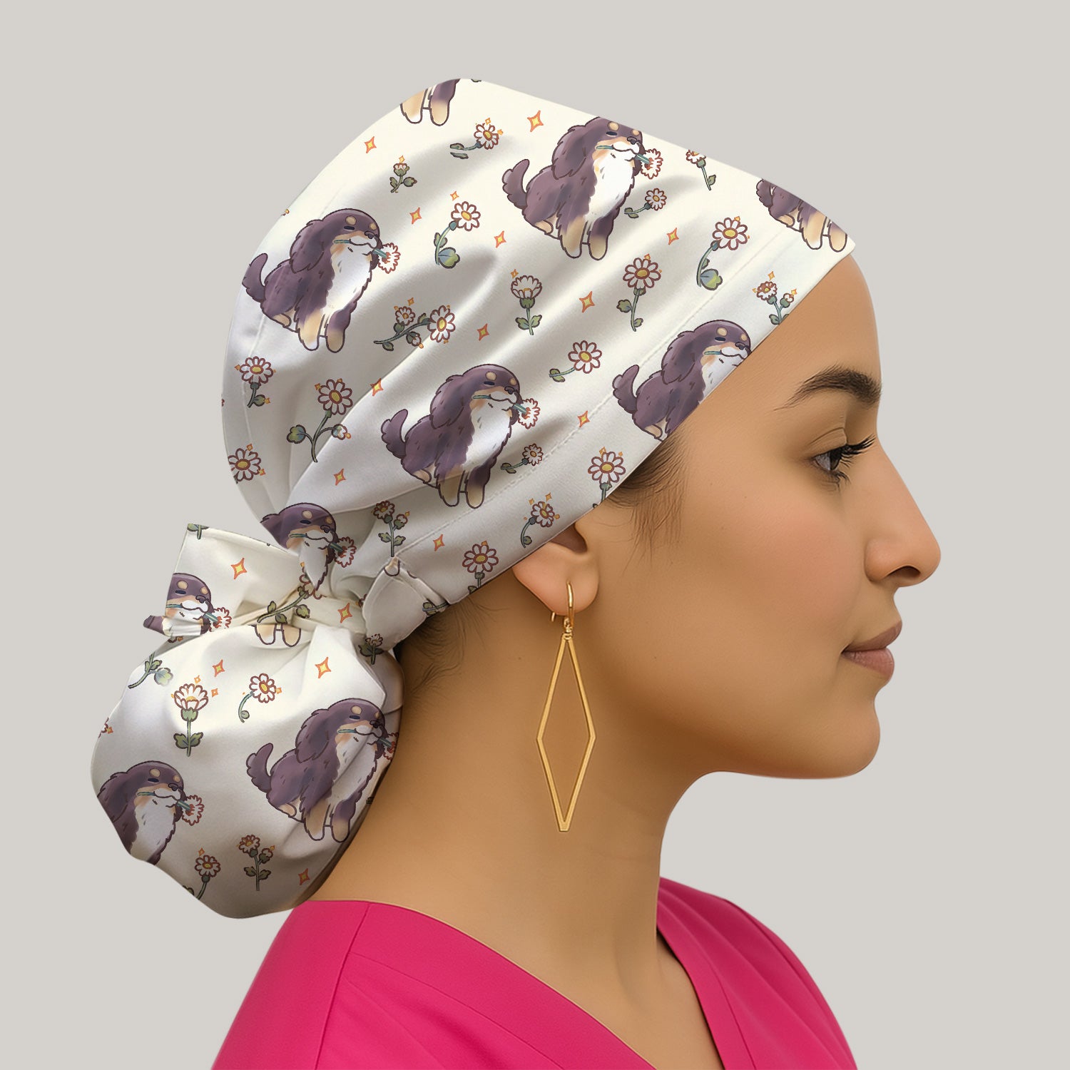 Cute Floral Otter Holding Daisy Pattern Scrub Cap, Surgical Caps for Doctors