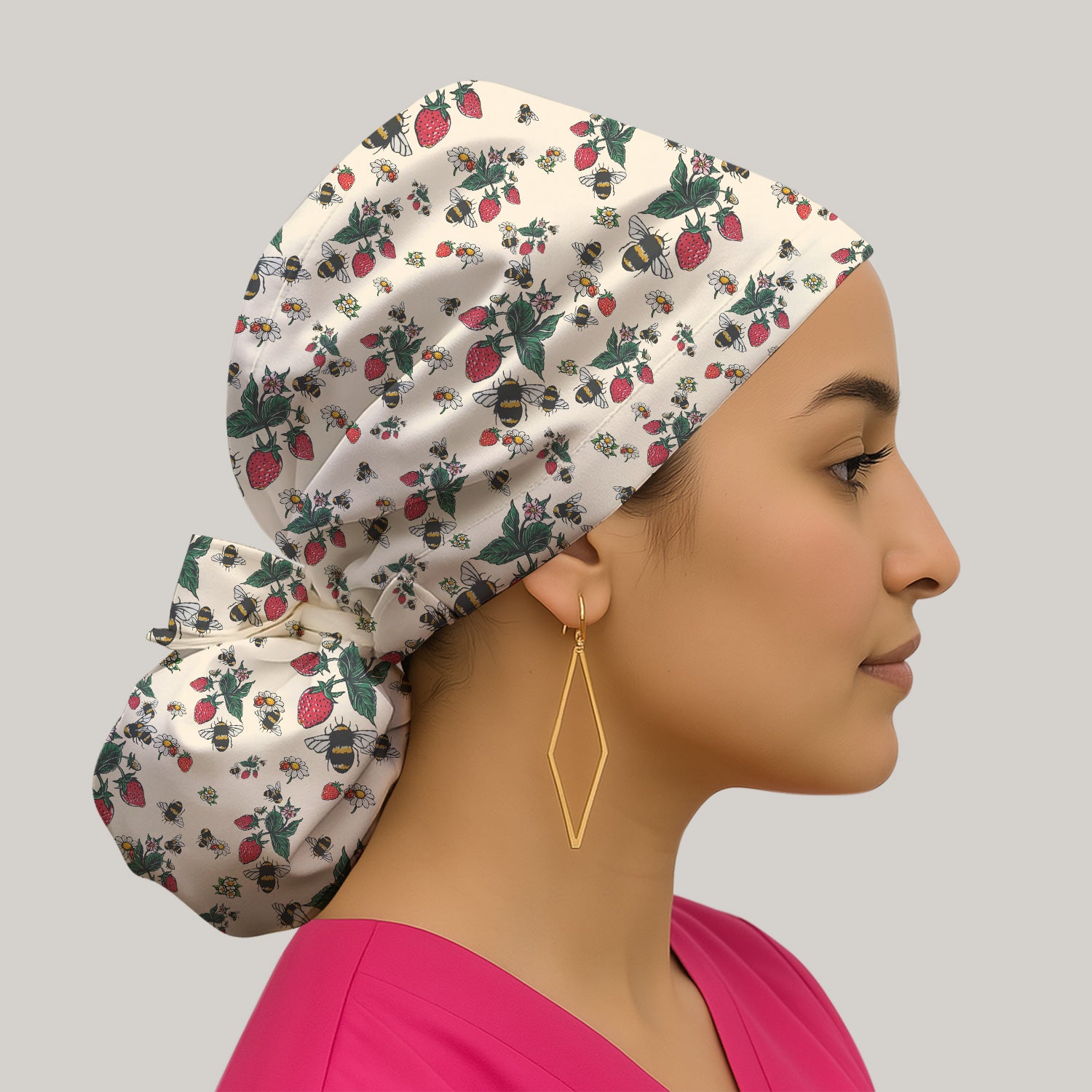 Cute Strawberry Bee Daisy Floral Pattern Scrub Cap, Bouffant Scrub Caps for Women