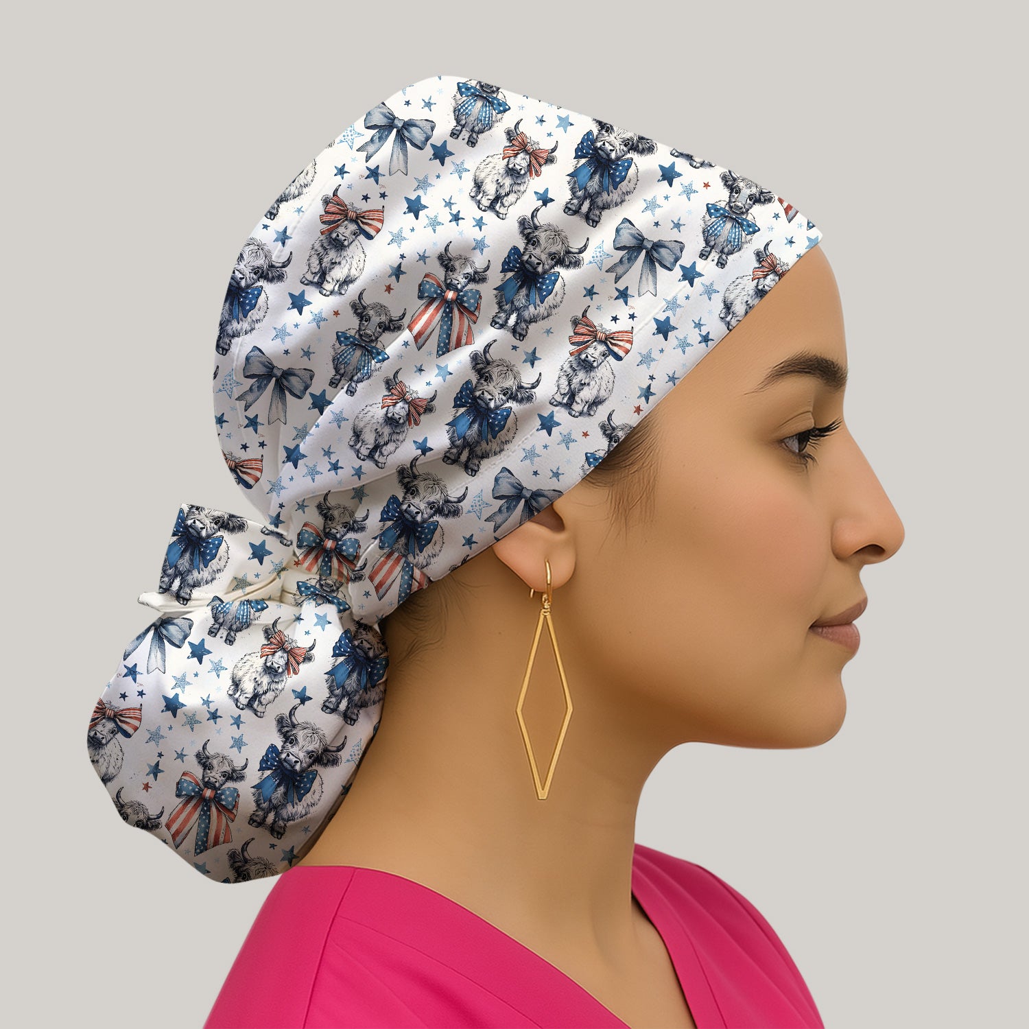 Patriotic Highland Cow Stars Pattern Scrub Cap, Surgical Caps for Doctors