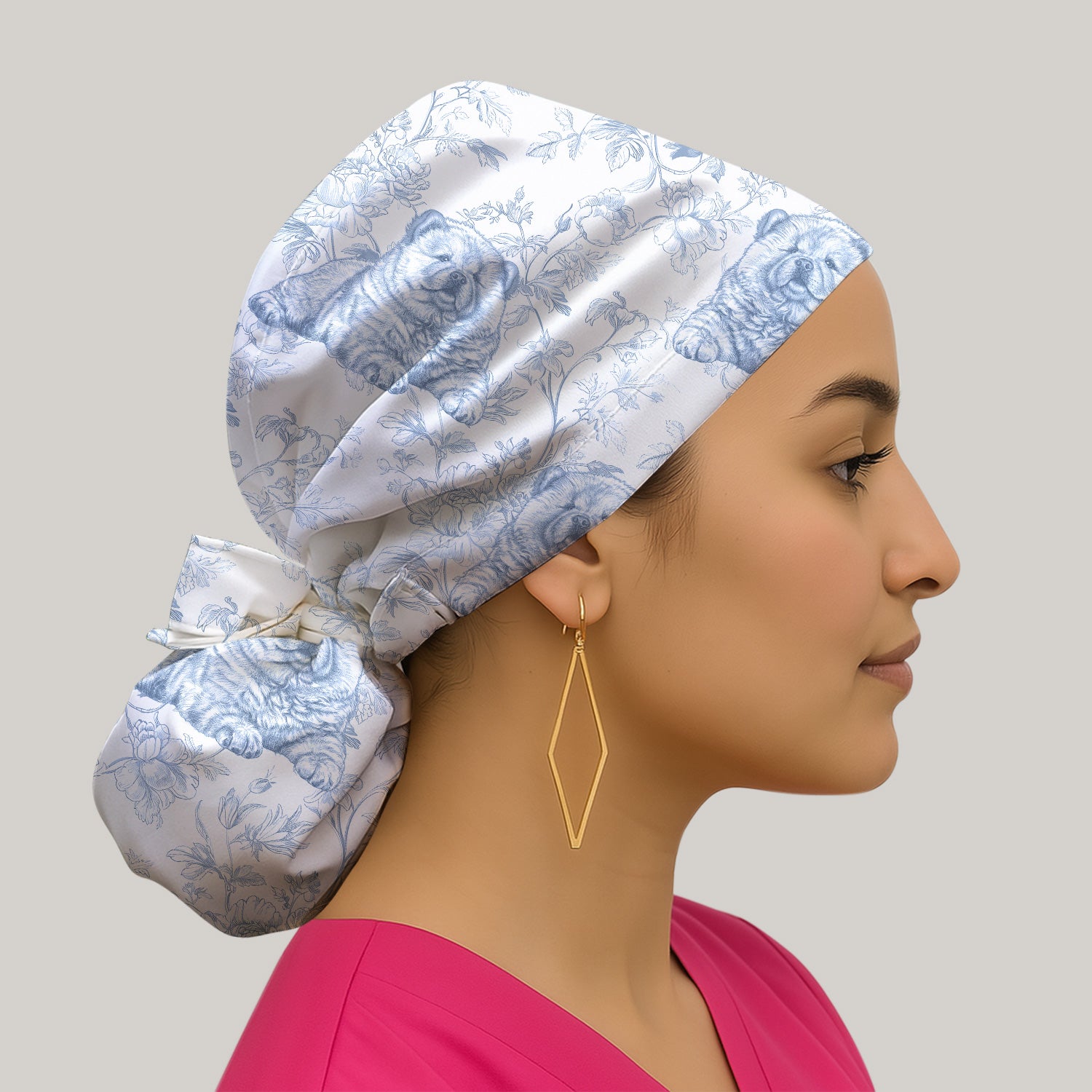 Custom Dog Cat Style Chinoiserie Pattern Caps, Bouffant Scrub Caps for Women